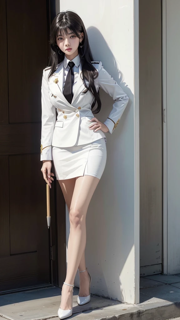 Beautiful girl with two meter long hair, long black hair, ชุดสูทผู้หญิงwhite, (wearing a women&#39;s suit, Business woman&#39;s suit, white), (ชุดสูทผู้หญิงwhite), (เสื้อเชิ้ตwhite), (Thai women&#39;s short black necktie), (Military rank insignia), (short pencil skirtwhite), tight, (dynamic post), full body, (Huge breasts, thin body, small waist, hips raised, small thighs, Long legs), A gigantic rift, black high heels, (short pencil skirt, white), (Wearing a white business suit, สูทนักธุรกิจหญิงwhite), tight, military regalia, เสื้อwhite, กระโปรงwhite, stand, walk,