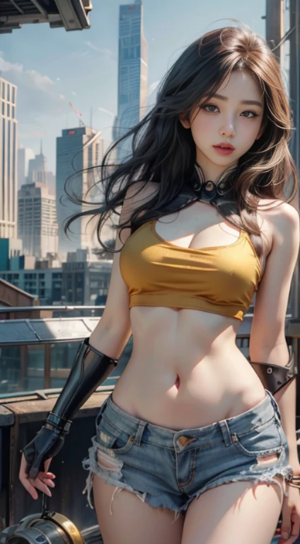 Virtual image,Realistic 8K visuals,hips up,Masterpiece,Complete Anatomy,Complete dynamic composition,morning sun,Light hits the front,young woman with long brown hair,cybernetic robot,Bikini body - white_orange_gold_metal, Jean Shorts,white tank top,Abandoned city backdrop