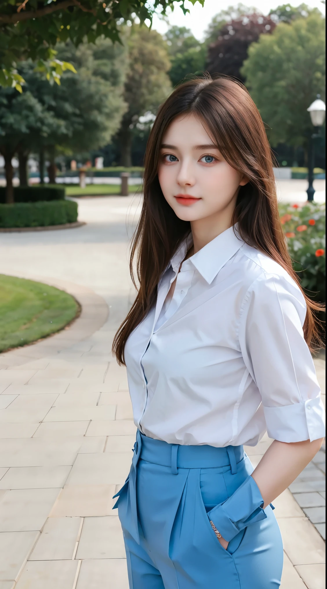 Gorgeus Girl, Beautiful, , 20 Years Old, White Skin, Sexy Pose, woman trousers, Blue Eye, Bokeh, modern park Background, Masterpiece, Fullbody Shot, business suits, long red shirt