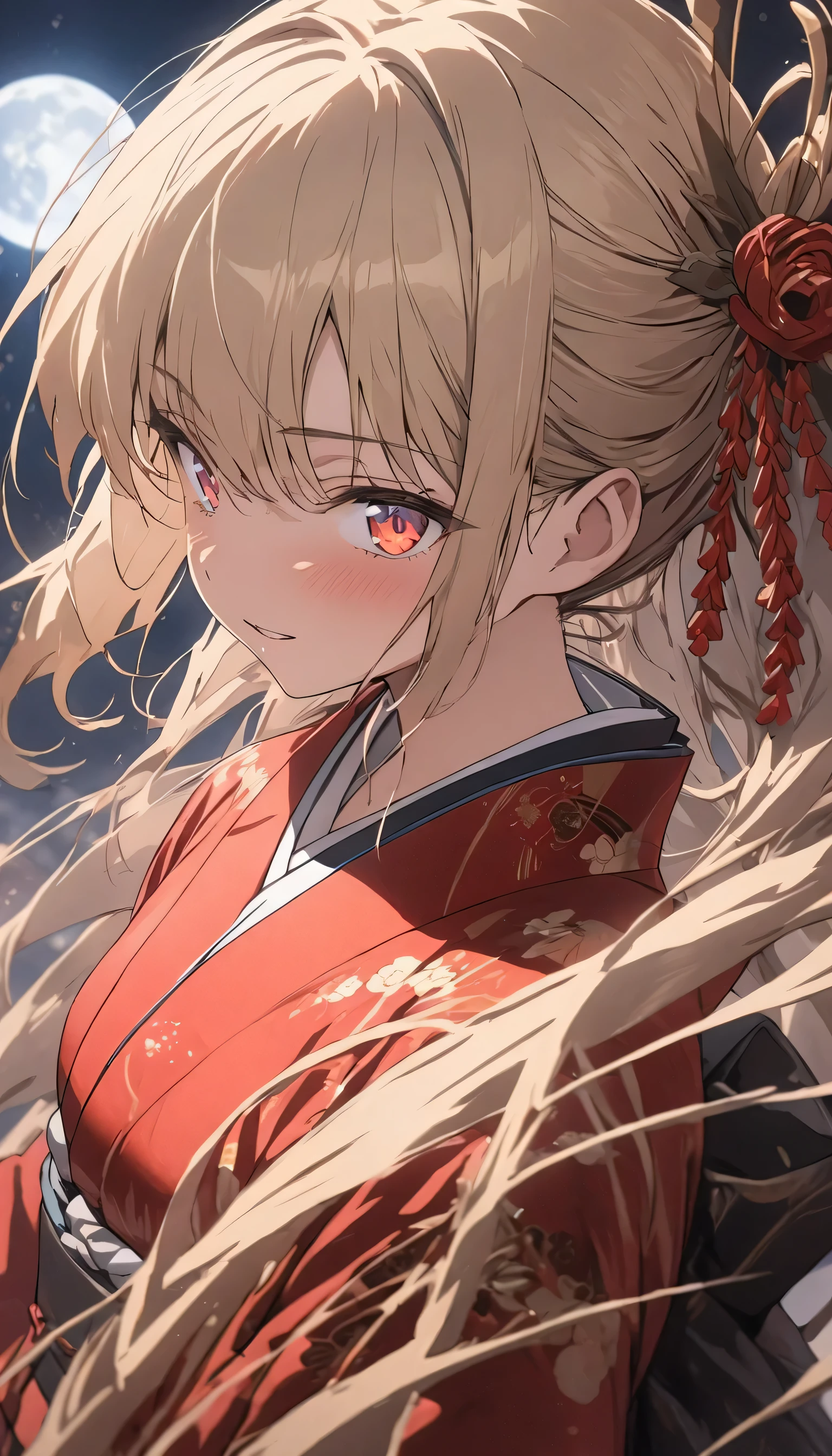 (highest quality、masterpiece、High resolution、detailed), BREAK,(Shining eyes、detailed beautiful face)､anime、masterpiece, anime、, BREAK,highest quality, samurai in red kimono, Fabric flowing through the air, moon, northern grassland, flat style