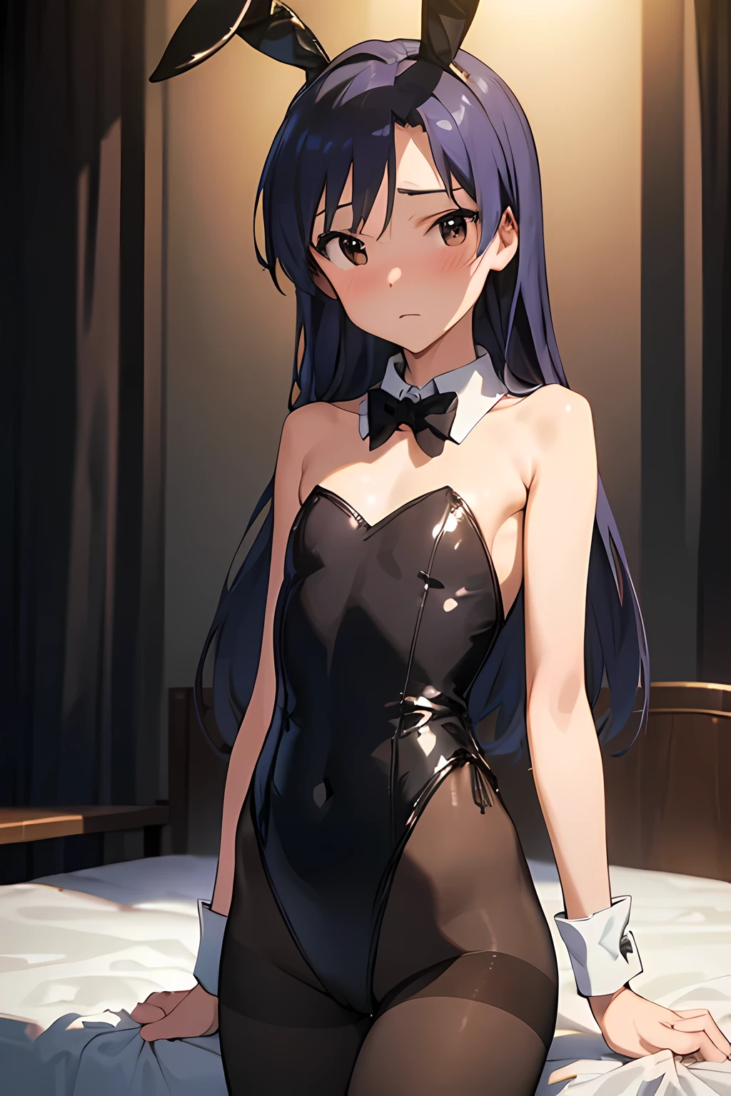  (masterpiece, best quality:1.4), official art, extremely detailed CG, unity 8k wallpaper, ultra detailed, solo, 1girl, chihaya kisaragi, yo, long hair, dark blue hair, brown eyes, (flat chest:1.2), slender, skinny, (delicate eyes and face), bashful, looking at viewer,  (full-face blush), embarrassed, BREAK, cowboy shot and knee, Slender beauty, ((playboy bunny, pantyhose, bunny ears, highleg, highleg leotard, black leotard, leotard)), bedroom, indoors, night, nighttime, dark background room,