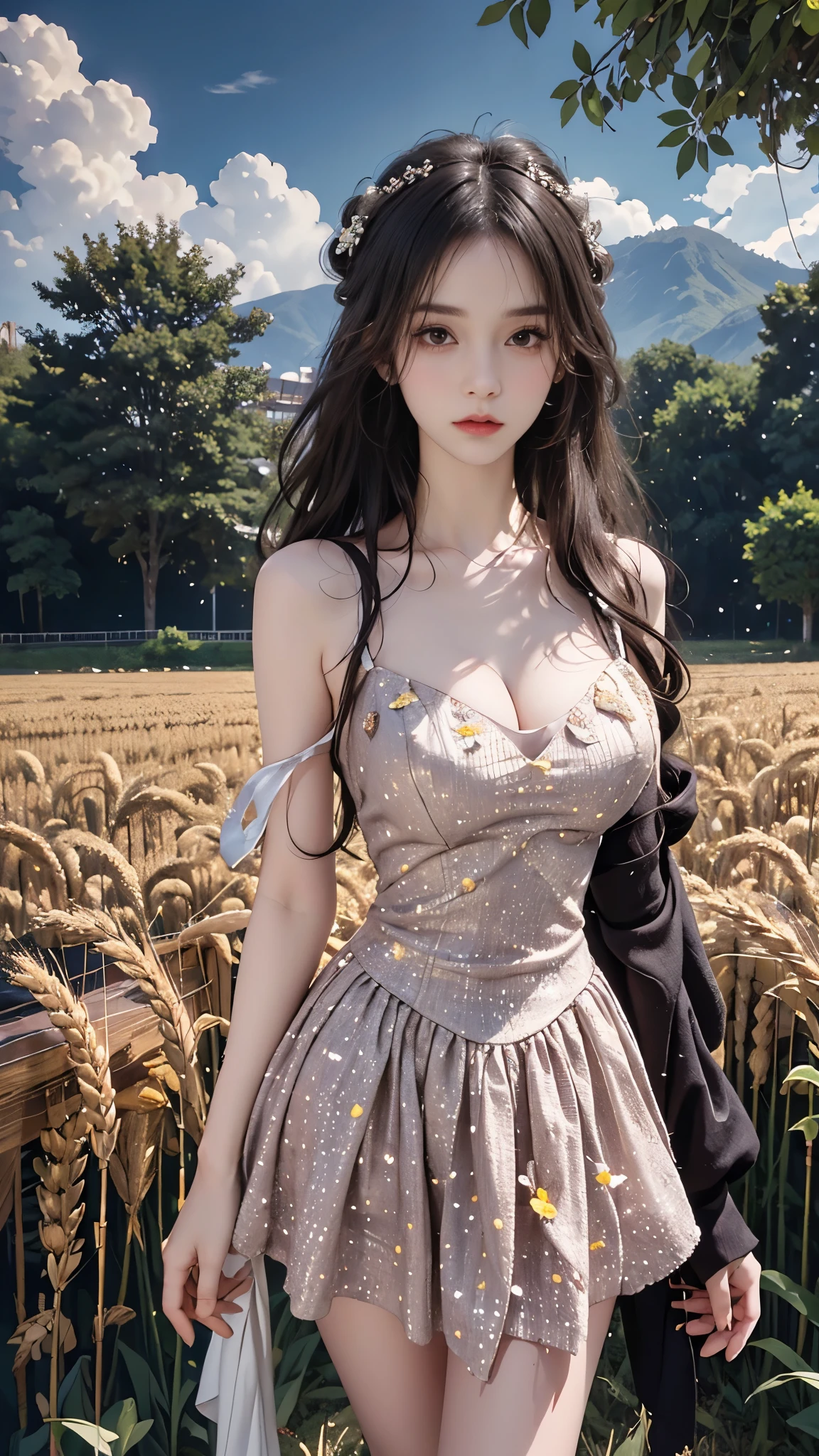 Special clothes47,jewelry,dress, masterpiece，best quality，High质量，High清晰度，High质量的纹理，High质量的阴影，High细节，Beautiful details，fine details，Extremely detailed CG，Detailed texture，lifelike的面部表现，lifelike的，colorful，Beautifully，sharp focus，(intricate details，Pure love face_v1:0.5)，(细节美Beautifully脸，(细节美Beautifully眼睛)，perfect比例的脸，HighSkin details，Skin details，The optimal ratio of four fingers to one thumb，emaciated:1.3)，1 girl，17 years old，High，(光滑的abdominal muscles:1.55)，(abdominal muscles:0.5)，beautiful，perfect，High，((Big breasts, big breasts, big breasts)), ((bare shoulders)), ((The skirt is very short)), (long legs)，(straight legs)，(thin waist)，((White skin))，White skin，((White skin))，(Emma Watson)，big breasts，((Caucasian))，Light blonde hair，Stand with your legs apart，looking at the audience，whole body，Portrait of cute blonde girl，((Standing in the wheat field,look into the distance))，bloom，orange mist，kinetic，strands of hair，lifelike，High品质渲染，amazing art，High品质，Film texture，Fuji XT3，dream