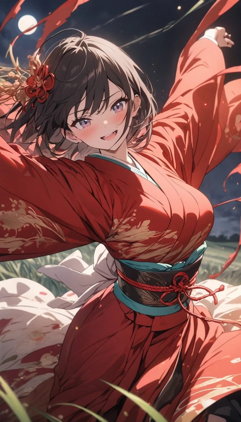 (highest quality、masterpiece、High resolution、detailed), BREAK,(Shining eyes、detailed美しい顔)、anime、masterpiece, anime、, BREAK,highest quality, samurai in red kimono, Fabric flowing through the air, moon, northern grassland, flat style、Dance