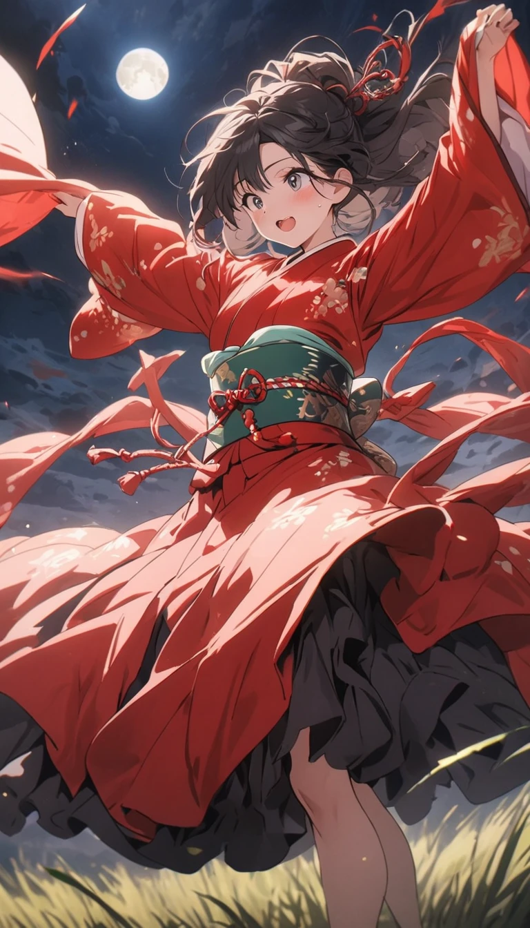 (highest quality、masterpiece、High resolution、detailed), BREAK,(Shining eyes、detailed美しい顔)、anime、masterpiece, anime、, BREAK,highest quality, samurai in red kimono, Fabric flowing through the air, moon, northern grassland, flat style、Dance