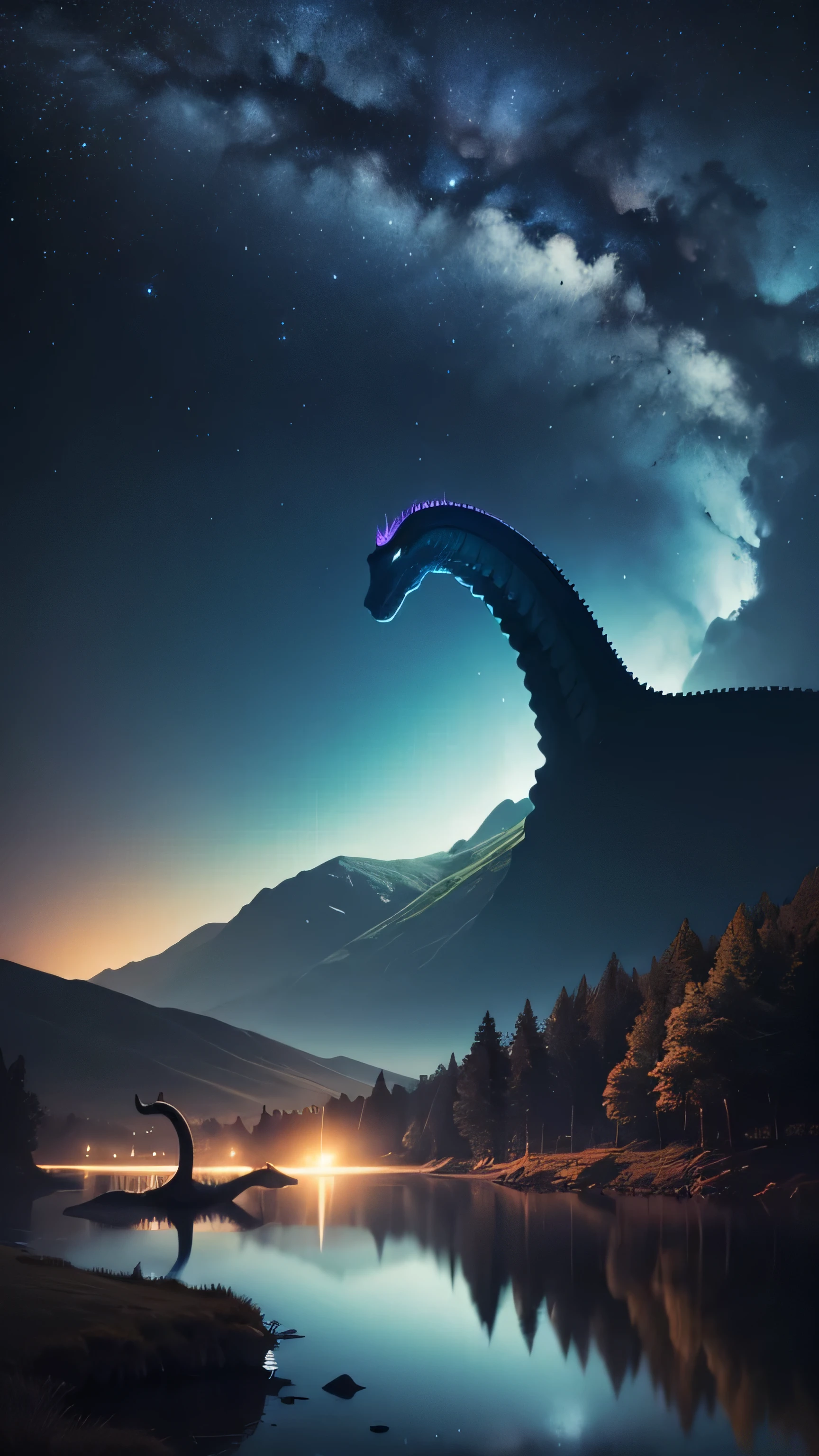 Scotland loch ness monsters, Brontosaurus, night sky, 8k