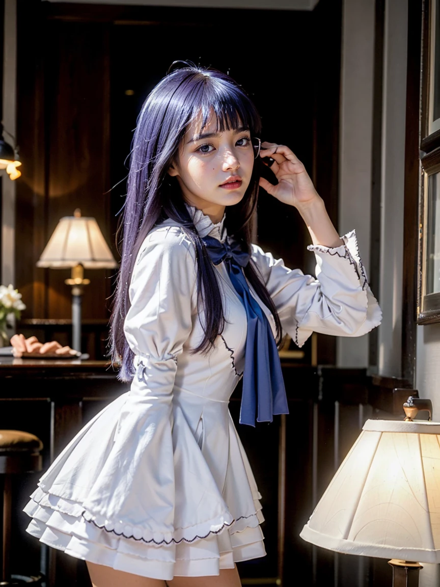 (1 lady), (Best quality at best:1.4), (ultra - detailed), (extremely detailed CG unified 16k), A Beautiful Woman with Perfect Figure: 1.4, Sharp Focus: 1.2, purple hair, very detailed, High-definition RAW color photo, professional photoshooting, amazing face and eyes, cosmetics, (amazingly beautiful girl), ((frederica bernkastel)), ((dress, bowtie, mary janes, socks, cat tail, tail bow, tail ornament)), standing, sexyposture,(Dark and stylish bar, drinks, lamp lights, lamp lights:1.3), (look from down), realistic cinematic face, head to feet long wide zoomed out view, full body long view, photorealistic, ((realistic natural purple hair style, purple eyes)), ((glasses with liquor floating around her)), gorgeous, extremely beautiful face, perfect model beauty, pout mouth, Highly Detailed Face and Skin Texture, Detailed Eyes, Double Eyelids, Big Breasts, Smile, flirting smile, cleavages, western, (masterpiece), best quality, high resolution, extremely detailed, blurred background, depth of field, cinematic lighting, amazing legs, high heels, clear and well-cared skin, (((focus on the girl instead of background, girl occupies most of the picture)))