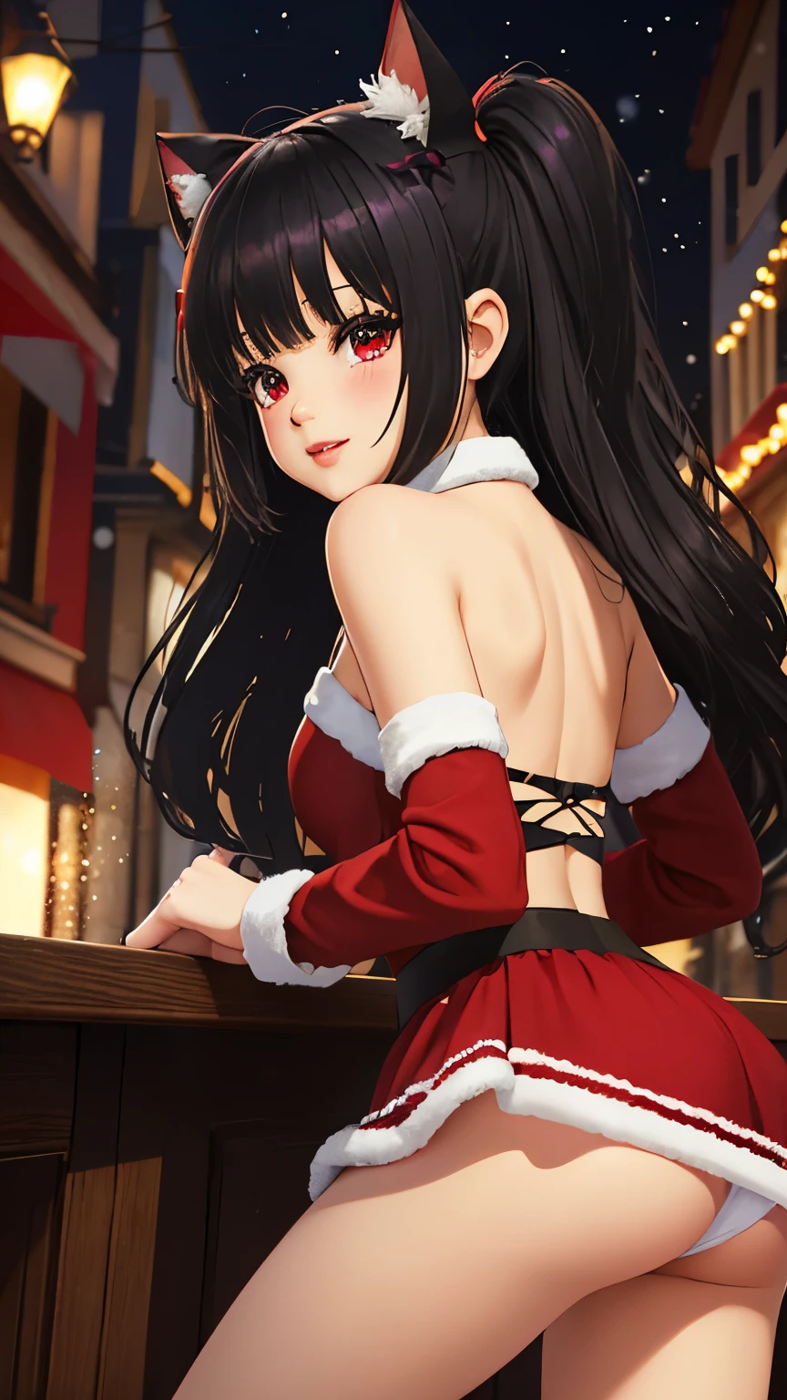 1 chica, long hair slightly wavy slightly past the shoulders, black bangs, small black pigtails on the sides, cute cat ears, beautiful thin red eyes,(tablero del arco iris), (ojos rosados brillantes), (neon light), agotador (sexy transparent red santa claus cosplay:1.2), (falda corta plisada roja), (skirt with a big bow behind), (falda ligeramente hinchada), (upskirt), (bragas blancas de hilo), (she is bending over to show her panties), (inclinado sobre una mesa), (ella esta teniendo un orgasmo discretamente), por la noche, en un lugar publico, (restaurante al aire libre), (from behind), (Christmas decoration street.), mancha mojada en sus bragas, (calle nevada), (8K), (gigapixel), (HDR), (mirando al espectador).