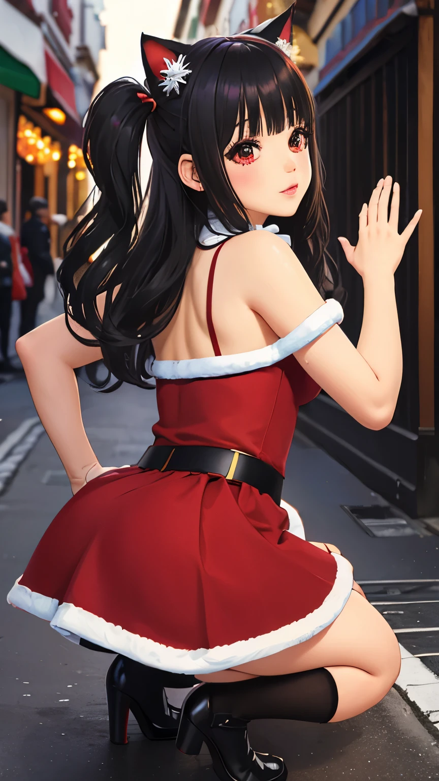 1 chica, long hair slightly wavy slightly past the shoulders, black bangs, small black pigtails on the sides, cute cat ears, beautiful thin red eyes,(tablero del arco iris), (ojos rosados brillantes), (neon light), agotador (sexy transparent red santa claus cosplay:1.2), (falda corta plisada roja), (skirt with a big bow behind), (falda ligeramente hinchada), (upskirt), (bragas blancas de hilo), (she is bending over to show her panties), (inclinado sobre una mesa), (ella esta teniendo un orgasmo discretamente), por la noche, en un lugar publico, (restaurante al aire libre), (from behind), (Christmas decoration street.), mancha mojada en sus bragas, (calle nevada), (8K), (gigapixel), (HDR), (mirando al espectador).