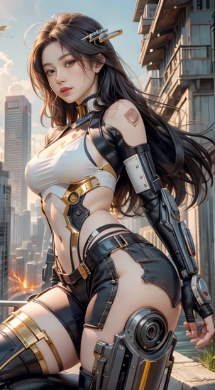 Virtual image,Realistic 8K visuals,hips up,Masterpiece,Complete Anatomy,Complete dynamic composition,morning sun,Light hits the front,young woman with long brown hair,cybernetic robot,Bikini body - white_orange_gold_metal, Jean Shorts,white tank top,Abandoned city backdrop
