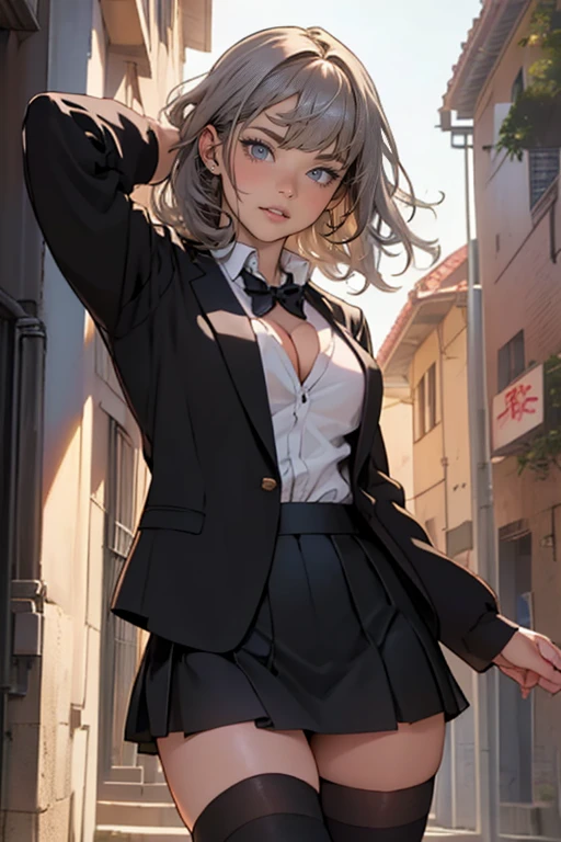 (masterpiece:1.5), (big breasts), 1 girl, young woman, (Beautiful Girl:1.5), (extremely detailed and delicate anime face and eyes:1.5), whole body, (natural light, HDR, extremely details CG:1.3), (dynamic posture:1.3), {correct body anatomy}, (wide hips:1.4), (perfect hands:1.3), single focus, toned body, Beautiful Lips, thick lips, {surreal}, {correct posture}, {minutes details}, {detailed body}, {detailed clothing}, {Bright Eyes}, (cleavage: 1.3), {accessories}, {sexy}, {solo}, (black wafuku: 1.5), (black school uniform: 1.3), (Short black blazer: 1.5), (black blouse: 1.3), long sleeves jacket, (short skirt: 1.3), skirt, (bowtie: 1.3), hairclip, jewelry, earrings, (brown thighhighs: 1.5), loafers, (medium hair: 1.5), (permed hair: 1.3), (gray hair: 1.5), (swept bangs: 1.3), (lilac eyes: 1.3), disdain,