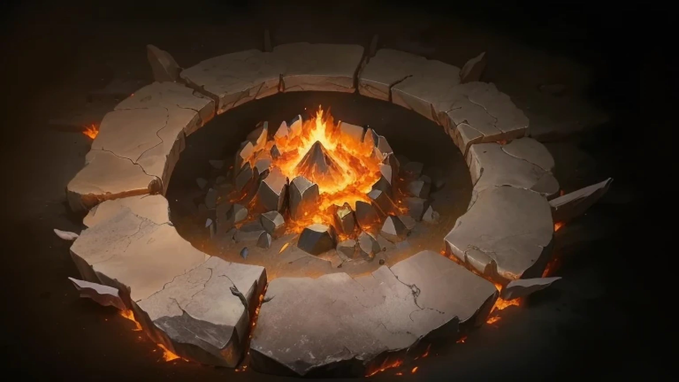 There is a fire pit，there is fire inside，There are rocks around, flame stones are scattered, blizzard,Hearthstone concept art, Holy Fire Spell Art, game concept art, Research the Hell Rift Portal, Portal to the Lost Flame Realm, diablo concept art, Ironmaking pits, Mysterious concept art with high detail, best quality, 8K, [Super detailed], masterpiece, best quality, (Very detailed), Dynamic angle, lifelike, dnd art, fantasy art, realistic art,(strong details, masterpiece, best quality: 1.5)，joist，sacrifice，(runes：1)