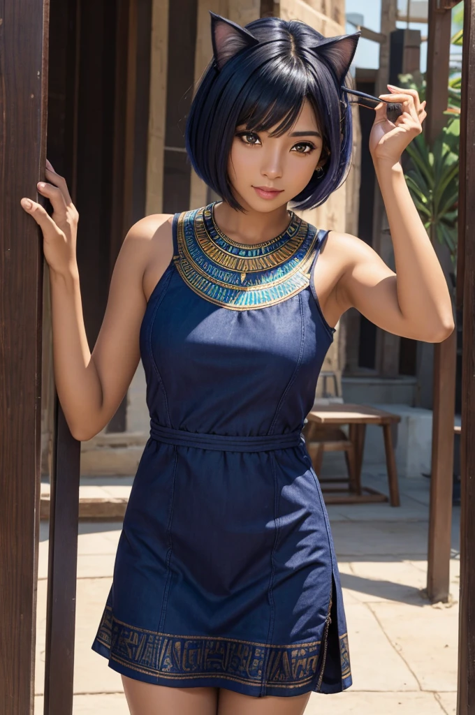 indigo hair short bob Big fishing eye brown skin Cat ear Egyptian style dress woman live-action