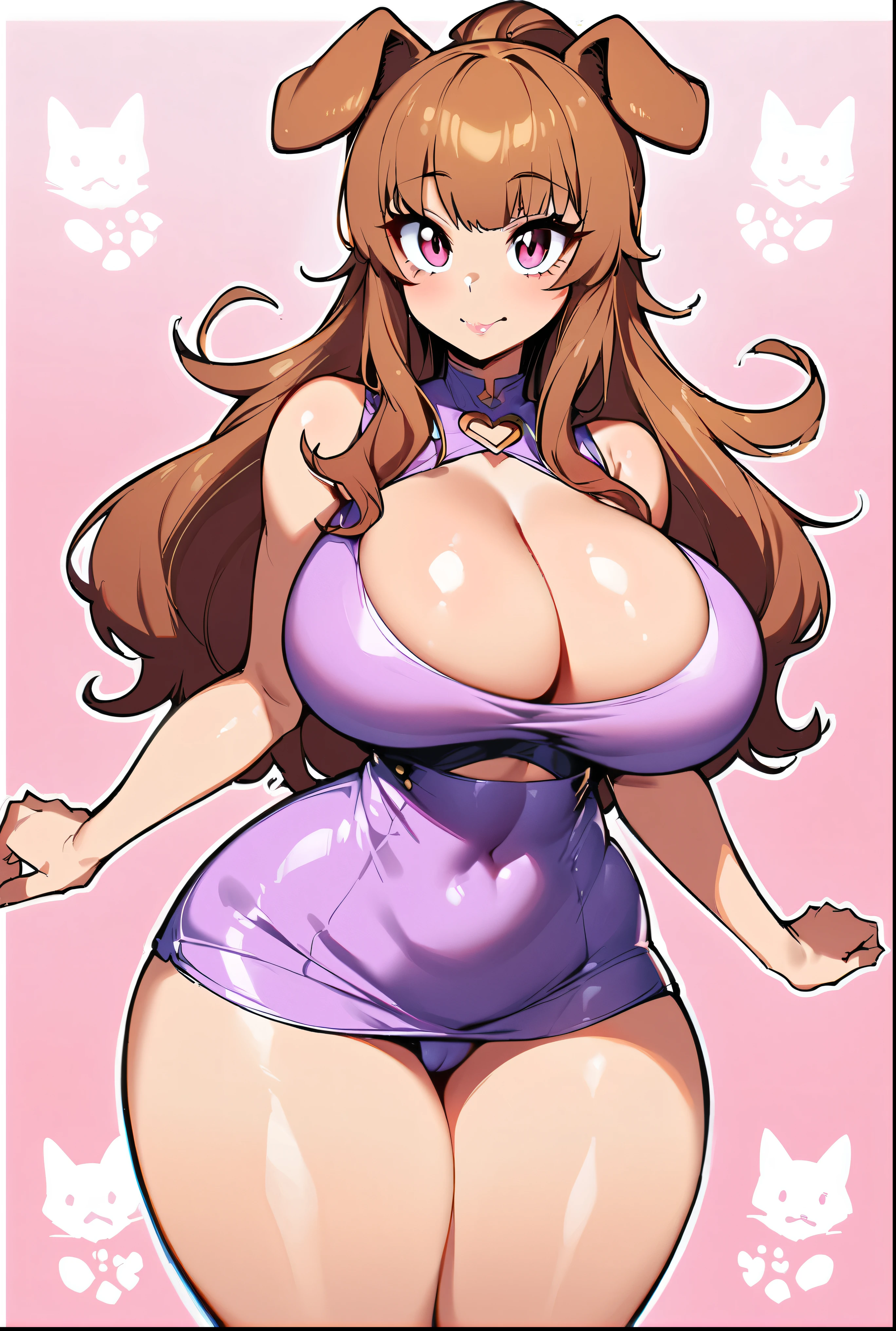 (masterpiece, best quality:1.2), 1girl, solo,standing,
by by buta99, by chelodoy, by spikedmauler, by cervina7, solo, female, standing, brown dog ears, dog nose, looking at viewer, ((hair, snout), lips, eyelashes, eyeliner, big breasts, cleavage, light brown fur, pink eyes, sexy, long brown hair, long wavy hair, skinny, canine, pink, kawaii, small waist, huge thighs, milf body , big eyes, kawaii background, pink clothes, brown hair ,kawaii, super kawaii, big hips, kawaii outfit, sexy, nsfw, pink, pink theme, huge , showing, huge thighs, huge hips, shiny, border around body, hair in ponytail, skinny waist, mini skirt, shiny skin, glowy skin, huge curls, bangs, front facing viewer