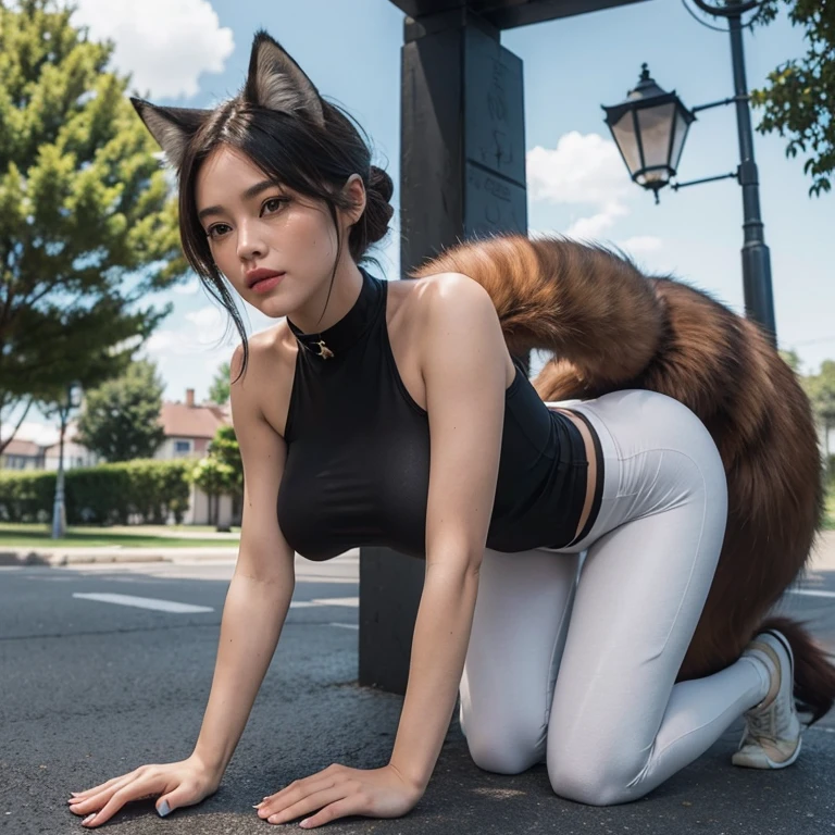 ((highest quality)), ((masterpiece)), (get used to it), perfect face, fox girl, Beautiful woman, public, There is a tail, she has a fluffy tail, she has a fox tail, she shows her tail, crying face, cat collar, She is wearing leggings, beautiful hips, big breasts , Big tail, tail, get down on all fours