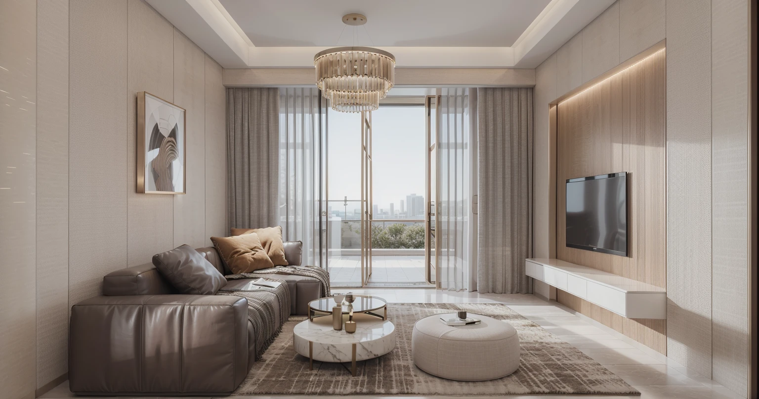 living room,Modern light luxury style,matte tile,interior,Architectural Digest,extreme detail,best quality,masterpiece,high resolution,photographic realism,surrealism,realism,8K,wide_shot, class doors, (((fabric couch))), table, gray TV cabinet, TV wall, brown, grey and beige color tone,