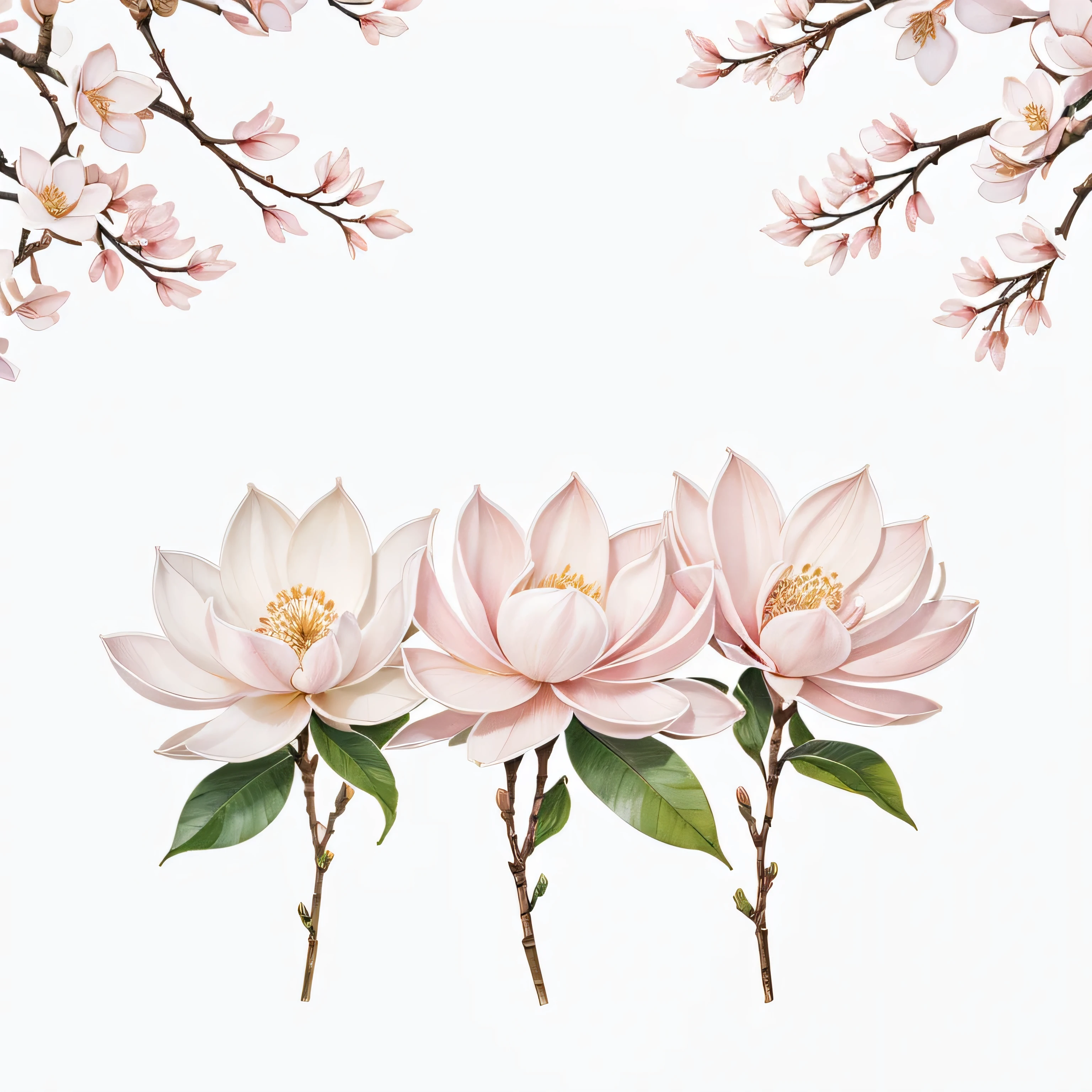 Pattern, delicate magnolia flowers on a white background, illustration, transparent watercolor, soft lines, best quality
