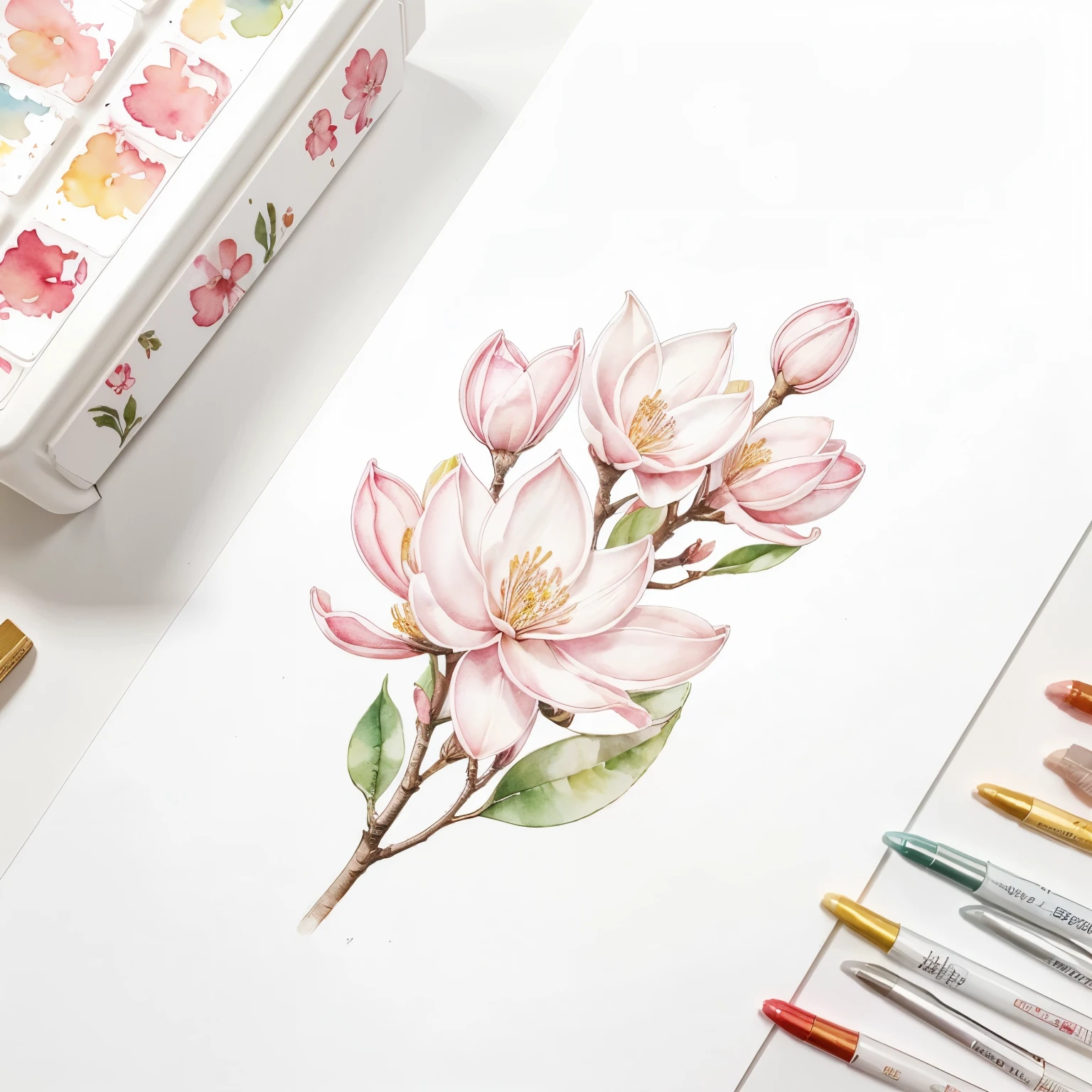 Pattern, delicate magnolia flowers on a white background, illustration, transparent watercolor, soft lines, best quality
