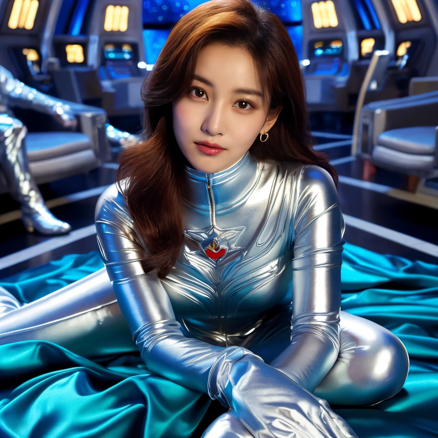 best image quality、Super high resolution、(realism:1.4)、Korean beauty star、The most beautiful KPOP star、horny face、Horny Korean makeup、erotic expression、A body that makes you want to touch it、erotic photos、((Realistic shiny satin fabric texture、High-gloss stretch satin fabric that is smooth and smooth to the touch.、The drape of the curved part of the shiny satin fabric、strong shiny costume、The smooth and beautiful quality and luster of the costumes、A shiny costume made of high-quality satin fabric with high density.、Smooth to the touch oil light liang ice 縝绸 ultra-class battleship skin coat COS、Super Sentai Women's Heroine Suit、Texture of costumes that satin fetishists respond to、Thin, glossy stretch satin fabric)),8K photo quality