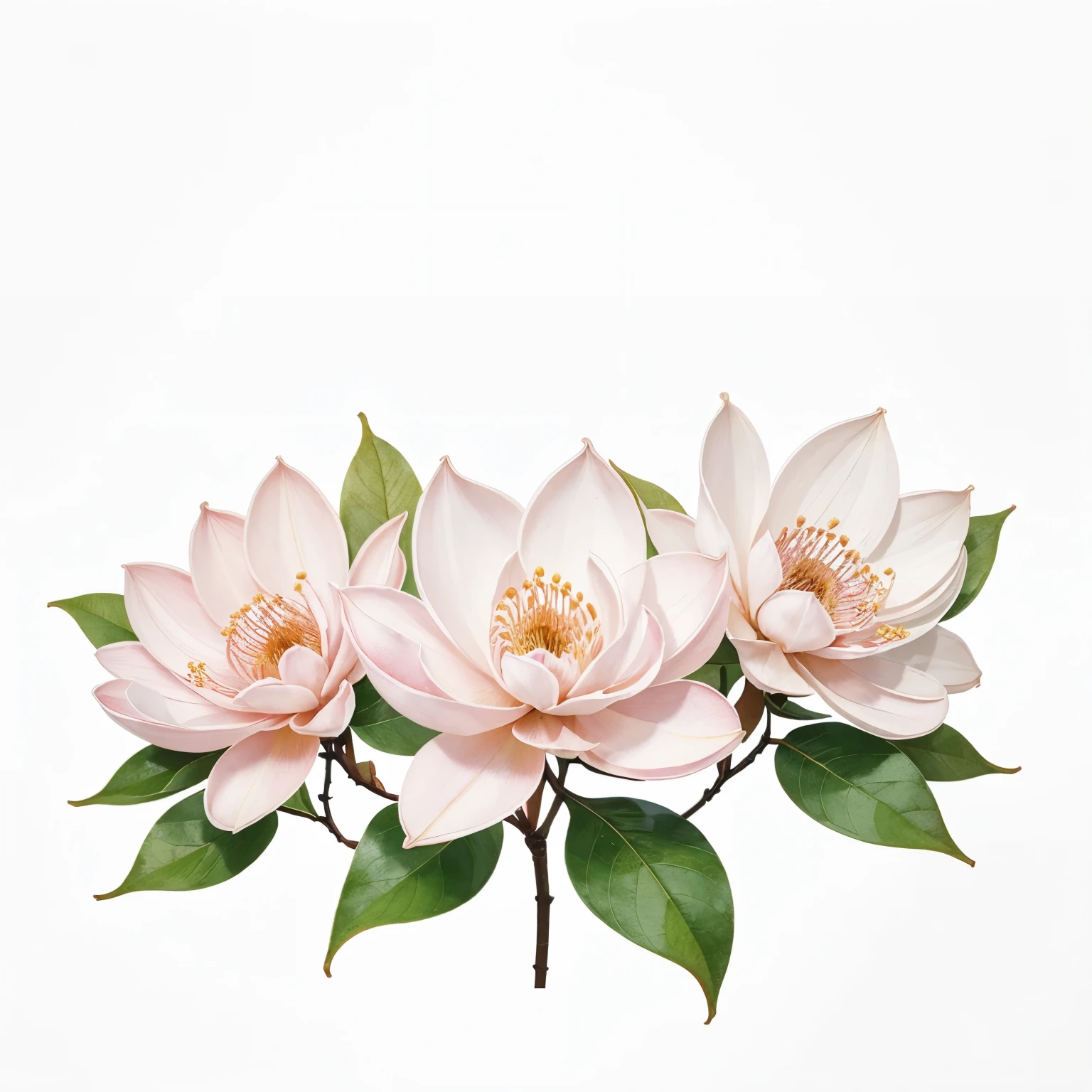 Pattern, delicate magnolia flowers on a white background, illustration, transparent watercolor, soft lines, best quality