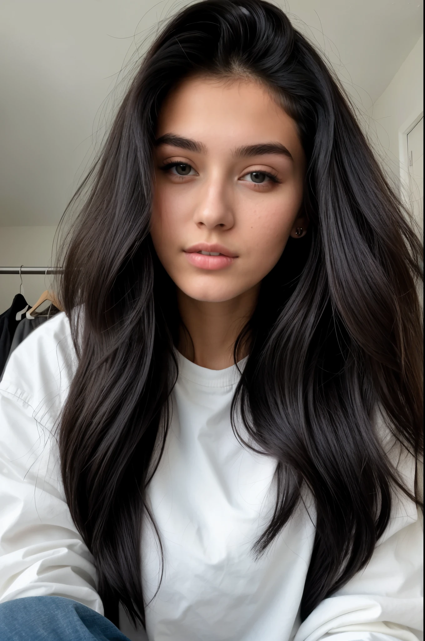 photograph of a 20 year old woman, perfect face, masterpiece, black jeans, white shirts, jacket, black