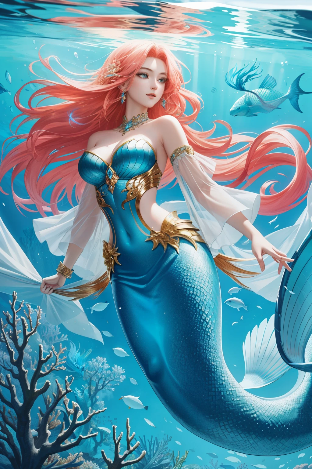 Masterpiece, digital artwork, A beautiful mermaid with coral-colored locks cascading down her shoulders, her iridescent tail shimmering in the light, highly detailed and intricately crafted. The mermaid's body is illuminated by volumetric lighting, creating a three-dimensional effect that brings her to life. The coral reefs and schools of fish surrounding her add depth and vibrancy to the image, making it a true masterpiece. The mermaid's expression is serene and captivating, drawing the viewer into her underwater world. The skillful use of digitally painted textures and colors perfectly capture the beauty and allure of this mythical