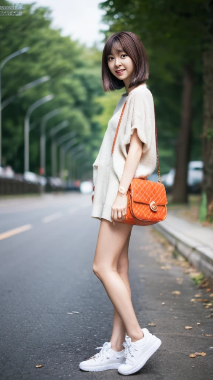 A girl named Kasumi, full body, standing, Short Hair, Brown Hair, 23 years old, Slender, naughty face, Random Flare, f/1.2, 50mm, Olympus, UHD, retina, masterpiece, ccurate, anatomically correct, textured skin, super detail, high details, high quality, best quality, highres, 1080P, HD, 4K, 8k, casual attire, sneakers