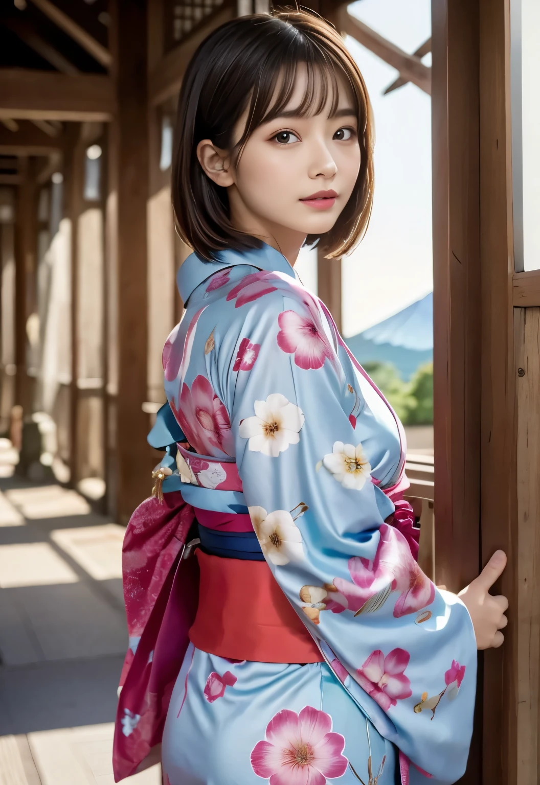 (masterpiece, best quality:1.1), (8k, raw photo, photo realistic:1.2, f22), (shiny skin), detailed skin, medium bob,detailed face, detailed eyes, BREAK, real world, intricate details, smil, BREAK, 1girl, (kimono), BREAK, (Mt.Fuji:1.4), BREAK