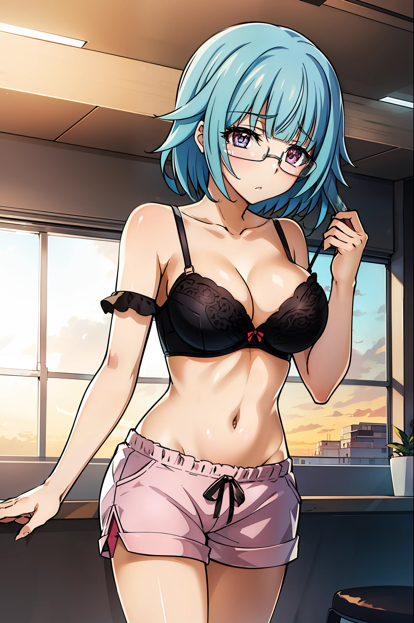sarashiki kanzashi,1girl,solo,short hair,blue hair,red eyes,glasses,
BREAK (shirt, white shirt, collarbone, off shoulder, bra strap, shorts, pink shorts:1.2),
BREAK indoors, concert, stage,
BREAK looking at viewer, (cowboy shot:1.5),
BREAK (masterpiece:1.2), best quality, high resolution, unity 8k wallpaper, (illustration:0.8), (beautiful detailed eyes:1.6), extremely detailed face, perfect lighting, extremely detailed CG, (perfect hands, perfect anatomy),