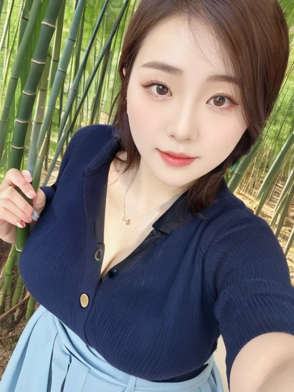 masterpiece, best quality, soft light, Ridiculous, 1 girl, focus only,,cleavage,adult, Dentate skin, perfect face, puffy face, pretty face, big eyes, puffy eyes, perfect eyes, eyelash, Hu Tao (Genshin Impact) from Genshin Impact, outdoor, bamboo forest, 8K, ultra high definition, high dynamic range, (masterpiece:1. 5), (best quality:1. 5)