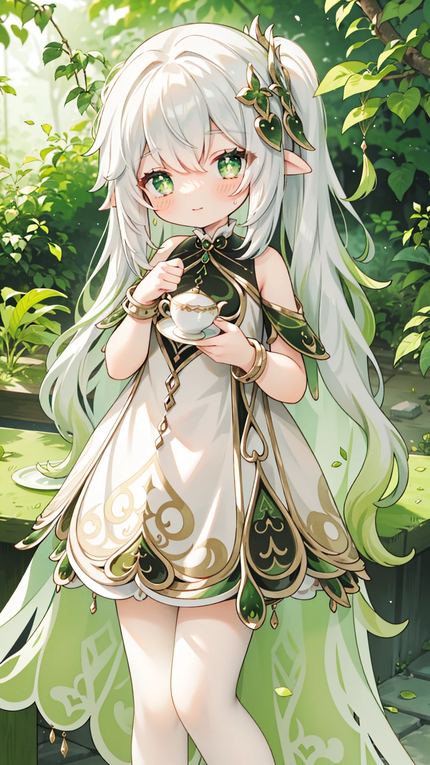 HDR,ultra high definition,8K,best quality,extremely detailed description,professional,masterpiece,very detailed,dynamic angle,elegant,gray-haired,young girl,8 years old,exquisite beauty,serene expression,silky white hair hanging down like a waterfall,decorated with exquisite ribbons,graceful posture,innocent charm,gentle aura,wearing exquisite white dress,delicate lace details,pearl hairpins,porcelain skin,soft rose blush,innocent and sparkling eyes,carefully sipping tea,gracefully holding a teacup,subtle smile,poise,soft grace,eternal grace,quiet composure,quiet complexity,maturity,soft dreamy atmosphere,tranquil environment,subtle sunlight through the leaves,rustling of the leaves,natural whispers,delicate tea set on the table,aromatic tea aroma,classical background music,whispers,beautiful background,eternal beauty,elegant personification,worldly whispers,charming tea garden,tasteful decoration,quiet and peaceful environment,gentle scene,calm whispers,