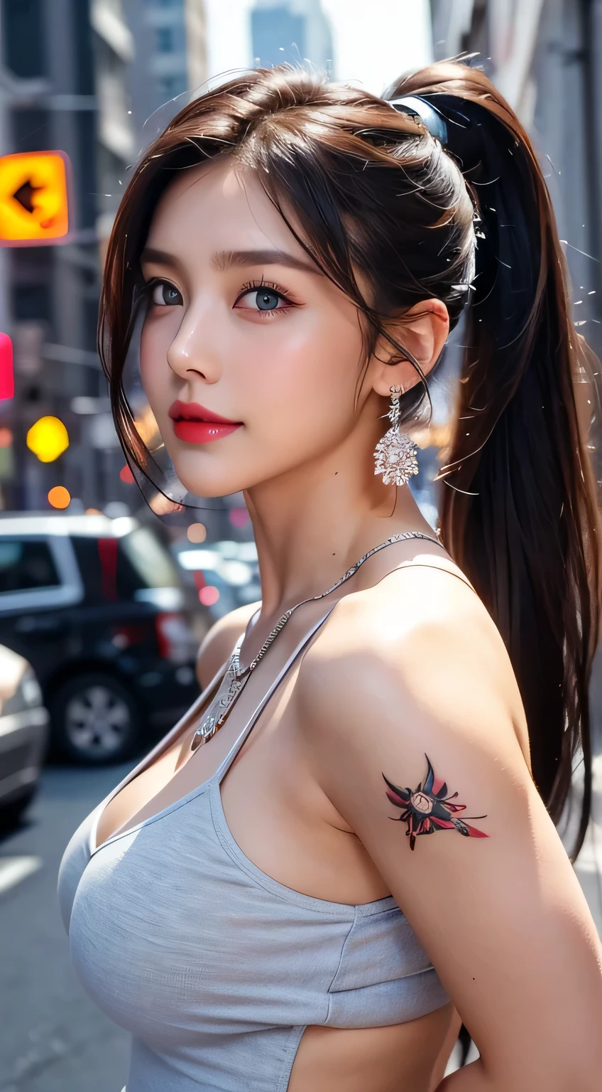 Urban beautiful girl college student, masterpiece, light makeup, red lips, silver hair, messy long hair, street background, beautiful, elegant. super fine details, master works, authentic texture, cinematic lighting realism, perfect job, 8K, hd, exquisite features,blue eyes、japanese idol、Beautiful Face、cute smile、brown hair、beautiful hair、ponytail、glamorous、 big breasts、erect nipples、Oily muscle、shiny skin、tanned skin、Black glowing skin、sexy camisole,T-back, bright big eyes, smooth skin, earrings, necklace, tattoo