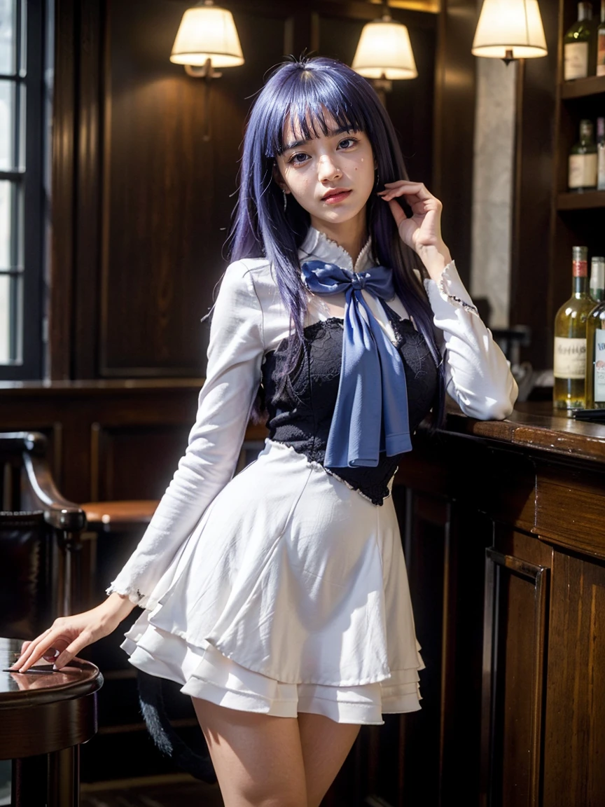 (1 lady), (Best quality at best:1.4), (ultra - detailed), (extremely detailed CG unified 16k), A Beautiful Woman with Perfect Figure: 1.4, Sharp Focus: 1.2, purple hair, very detailed, High-definition RAW color photo, professional photoshooting, amazing face and eyes, cosmetics, (amazingly beautiful girl), ((frederica bernkastel)), ((dress, bowtie, mary janes, socks, cat tail, tail bow, tail ornament)), standing, sexyposture,(Dark and stylish bar, drinks, lamp lights, lamp lights:1.3), (look from down), realistic cinematic face, head to feet long wide zoomed out view, full body long view, photorealistic, ((realistic natural purple hair style, purple eyes)), ((glasses with liquor floating around her)), (holding a glass of liquor while looking at viewer), gorgeous, extremely beautiful face, perfect model beauty, pout mouth, Highly Detailed Face and Skin Texture, Detailed Eyes, Double Eyelids, Big Breasts, laughing, flirting smile, cleavages, western, (masterpiece), best quality, high resolution, extremely detailed, blurred background, depth of field, cinematic lighting, amazing legs, high heels, clear and well-cared skin, (((focus on the girl instead of background, girl occupies most of the picture)))