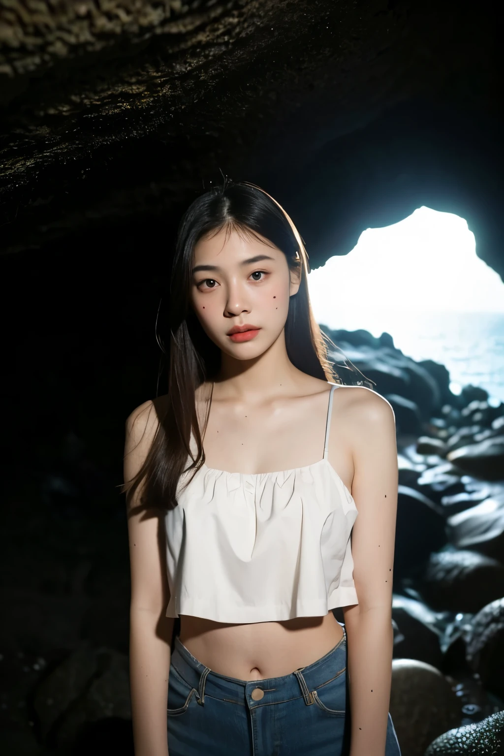 A super exquisite real beautiful girl, Naturally straight hair, extremely refined, straight facial features, Peerless beautiful girl, soft, dream quality, light white and dark brown, exaggerated facial features, Solid color, Frank Hawley, delicate face, Bright lips open slightly, thin waist, soft curves, Camisole shirt, Real light and shadow, Ultra-fine, 4K, move naturally, actual, ultra high resolution,(In a cave by the sea:1.4), (National Science Foundation:1.4)