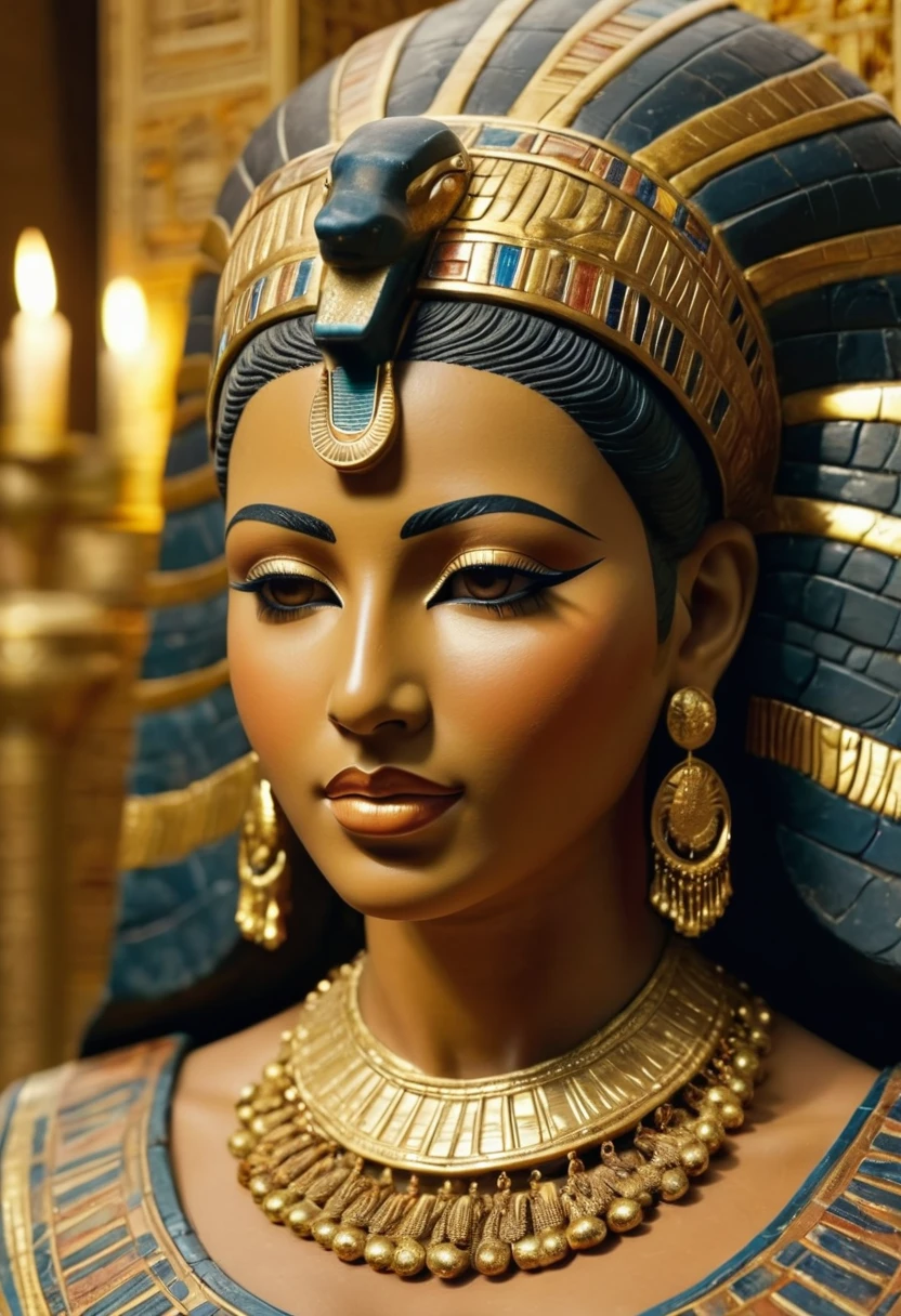 (best quality,4K,highly detailed full shot),ancient Egyptian-style stone statue of a woman, chubby, soft skin, voluminous, seductive face expression, seductive smile, mesmerizing eyes, intricate headdress, delicate features, delicate carving details, smooth texture, captivating pose, elegant posture, radiant beauty, majestic presence, mystical aura, adorned with jewels and gold, regal attire, flowing robes, elaborate patterns, intricate engravings, rich color palette, warm earth tones, golden accents, soft lighting, dramatic shadows, mesmerizing gaze, enchanting atmosphere.