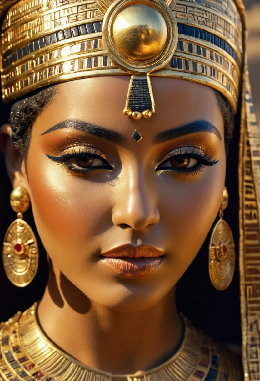 (best quality,4K,highly detailed full shot),ancient Egyptian-style stone statue of a woman, chubby, soft skin, voluminous, seductive face expression, seductive smile, mesmerizing eyes, intricate headdress, delicate features, delicate carving details, smooth texture, captivating pose, elegant posture, radiant beauty, majestic presence, mystical aura, adorned with jewels and gold, regal attire, flowing robes, elaborate patterns, intricate engravings, rich color palette, warm earth tones, golden accents, soft lighting, dramatic shadows, mesmerizing gaze, enchanting atmosphere.
