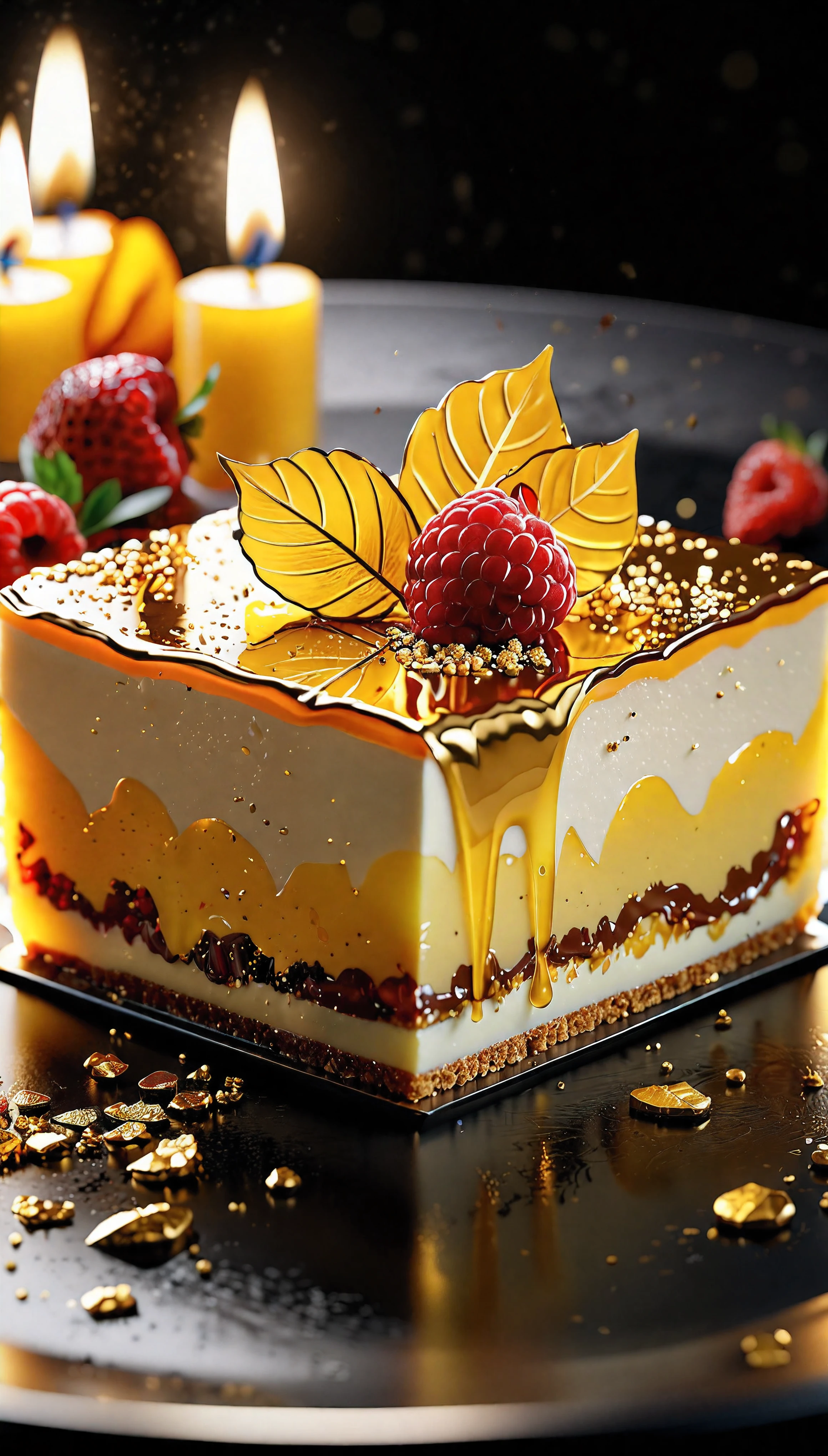 ((Masterpiece in maximum 16K resolution):1.6),((soft_color_photograpy:)1.5), ((Ultra-Detailed):1.4),((Movie-like still images and dynamic angles):1.3). | (Macro shot cinematic photo of delightful dessert with micro gold leaf), (edible micro gold leaf), (focus on the dessert), (macro lens), (exotic cuisines), (Candles), (luminous object), (delightful atmosphere), (shimmer), (aesthetic dessert accesories), (visual experience),(Realism), (Realistic),award-winning graphics, dark shot, film grain, extremely detailed, Digital Art, rtx, Unreal Engine, scene concept anti glare effect, All captured with sharp focus. | Rendered in ultra-high definition with UHD and retina quality, this masterpiece ensures anatomical correctness and textured skin with super detail. With a focus on high quality and accuracy, this award-winning portrayal captures every nuance in stunning 16k resolution, immersing viewers in its lifelike depiction. | ((perfect_composition, perfect_design, perfect_layout, perfect_detail, ultra_detailed)), ((enhance_all, fix_everything)), More Detail, Enhance.