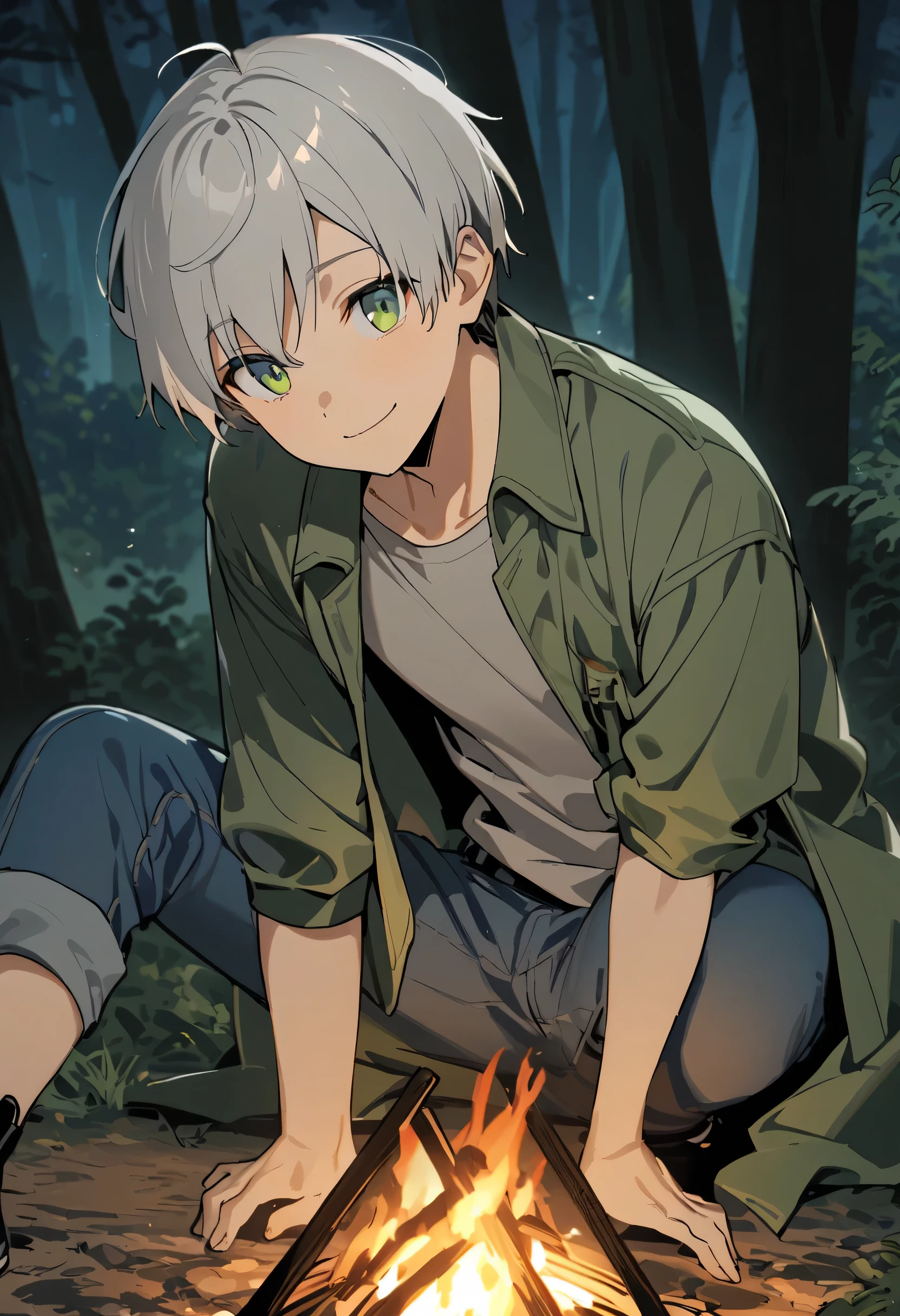 male1 person、gentle smile、one-shot、green long coat、short hair、silver hair、male、night、bonfire、sit、gray shirt、blue jeans、black shoes、forest、forest forest、green eyes、