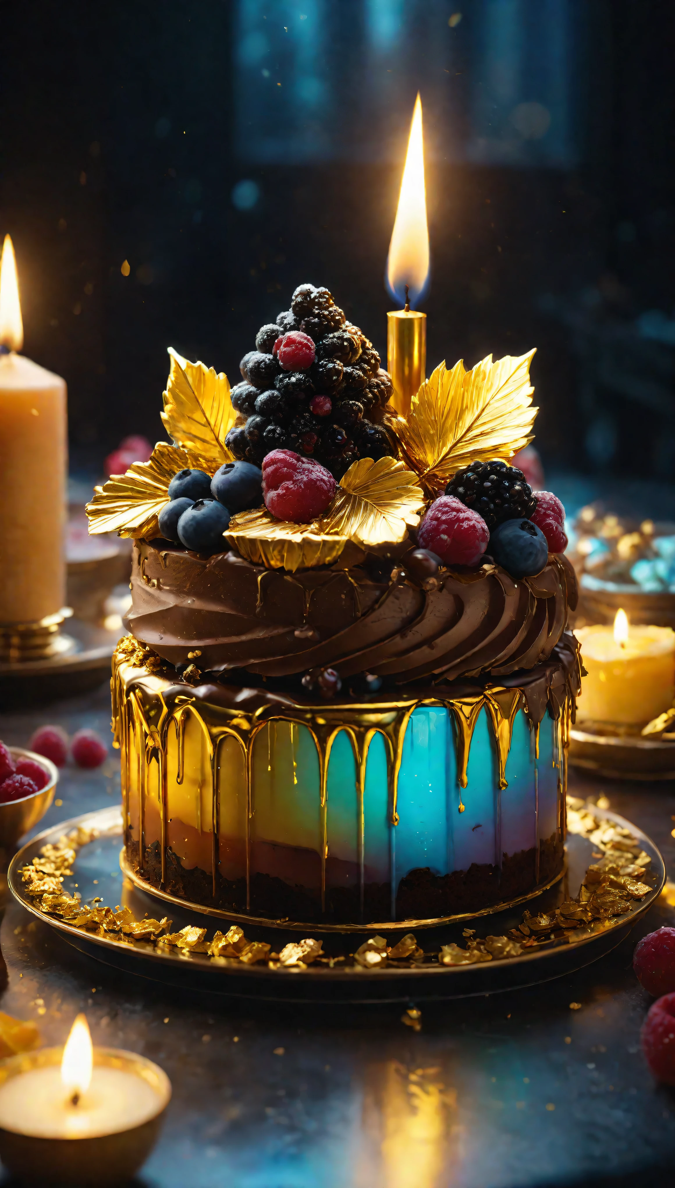 ((Masterpiece in maximum 16K resolution):1.6),((soft_color_photograpy:)1.5), ((Ultra-Detailed):1.4),((Movie-like still images and dynamic angles):1.3). | (Macro shot cinematic photo of delightful dessert with gold leaf), (edible micro gold leaf), (focus on the dessert), (macro lens), (exotic cuisines), (Candles), (luminous object), (delightful atmosphere), (shimmer), (aesthetic dessert accesories), (visual experience),(Realism), (Realistic),award-winning graphics, dark shot, film grain, extremely detailed, Digital Art, rtx, Unreal Engine, scene concept anti glare effect, All captured with sharp focus. | Rendered in ultra-high definition with UHD and retina quality, this masterpiece ensures anatomical correctness and textured skin with super detail. With a focus on high quality and accuracy, this award-winning portrayal captures every nuance in stunning 16k resolution, immersing viewers in its lifelike depiction. | ((perfect_composition, perfect_design, perfect_layout, perfect_detail, ultra_detailed)), ((enhance_all, fix_everything)), More Detail, Enhance.