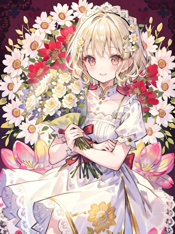 girl,thin blonde hair,short hair、wavy hair,holding a bouquet of lace flowers,celebration,「1300」character,big smile,((flower background:1.3)),High quality、Lace decoration