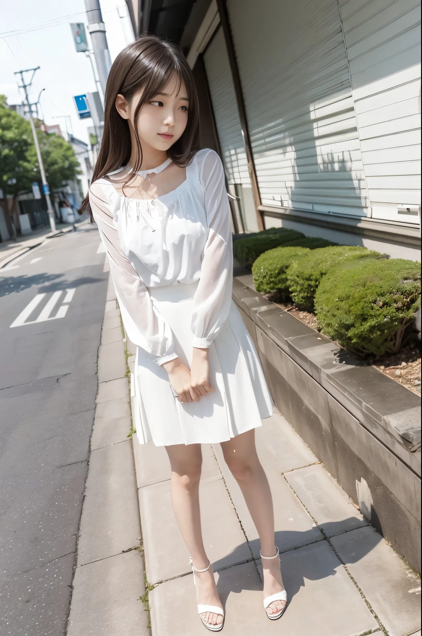 1 Japanese girl,standing,blushing and embarrassed face,summer casual style,white blouse,white flare skirt,white choker,white high heels,((Full body:1.2,Voyeur from the side:1.2)),slim body shape,from below,realistic,best quality,ultra-detailed,high resolution,beautiful white skin,looking at another,flooring room