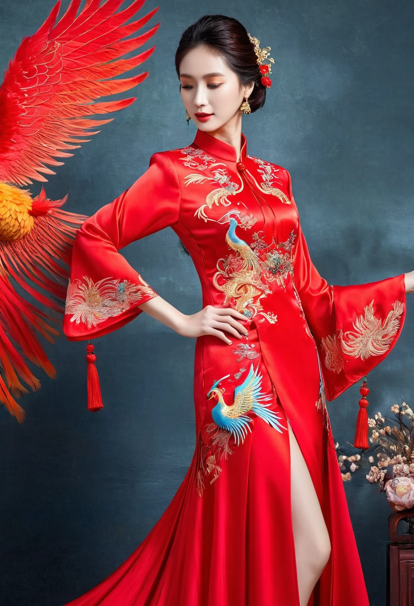 Create a red dress with a fenghuang theme, also known as the Phoenix bird in mythology 