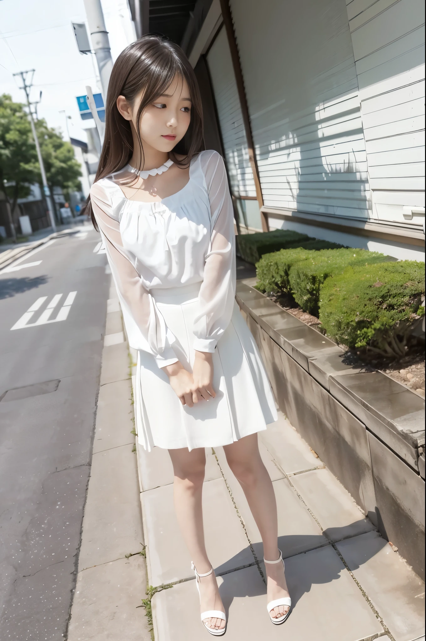 1 Japanese girl,standing,blushing and embarrassed face,summer casual style,white blouse,white flare skirt,white choker,white high heels,((Full body:1.2,Voyeur from the side:1.2)),slim body shape,from below,realistic,best quality,ultra-detailed,high resolution,beautiful white skin,looking at another,flooring room