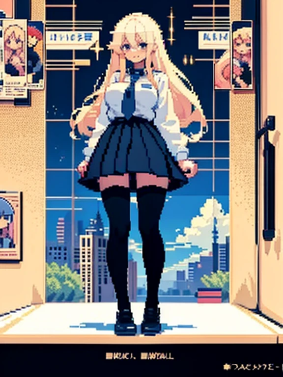 Pixel art, masterpiece, pix, daughter,uniform,Long golden hair，whole body， smile, JK,high school girl、 Sexy movie anime style, big breasts,