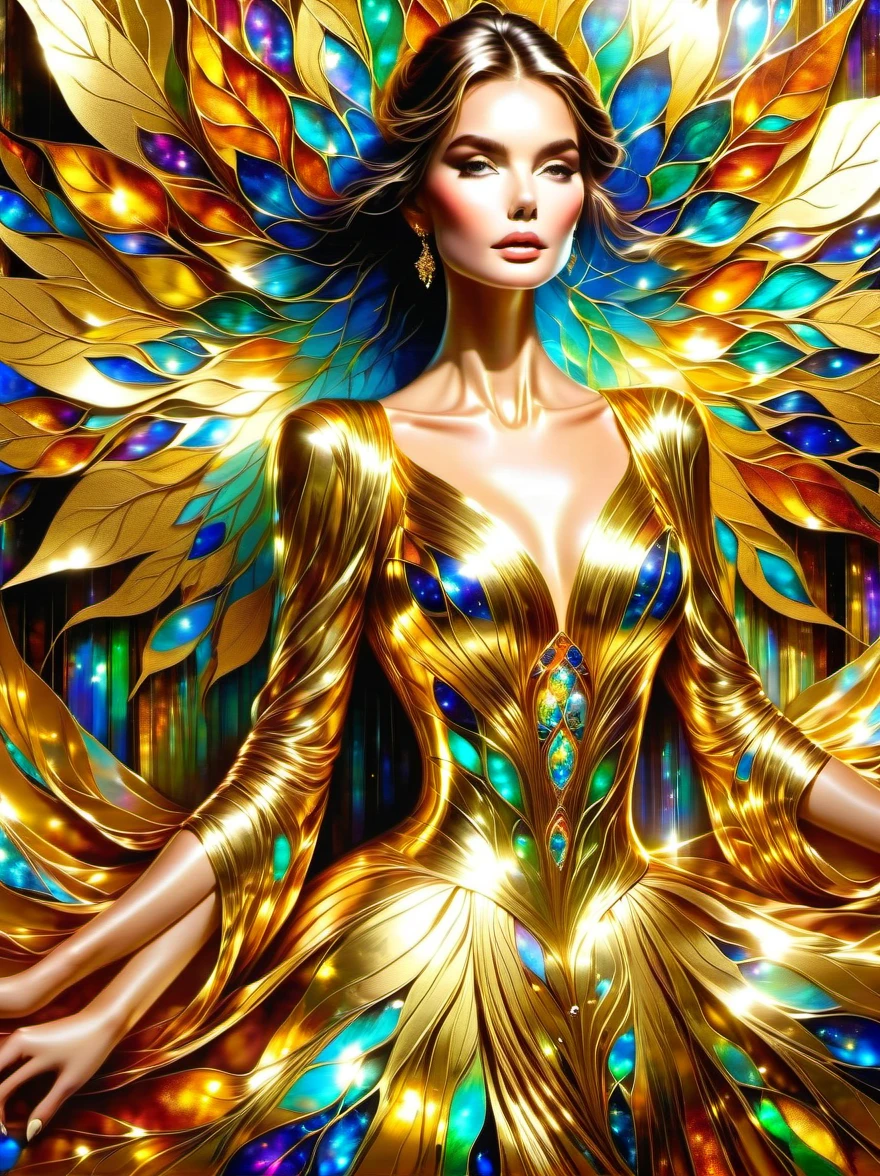 (Gold Leaf Art:1.5), A photo of an exquisite dress,Its design is influenced by the art of glass gold leaf with bright colors and rich patterns.,This dress has a spectrum of gold foil luster,The richness of the cathedral windows,Deep metallic gold foil hue,This creative fusion of fashion and art,A kaleidoscope of metallic gold foil colors flowing across the fabric,Gives a feeling of shining through gold foil metal sheets,The dress was worn by a different group of models,Each model emphasizes the beauty and uniqueness of the dress。