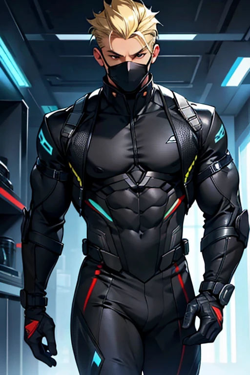 man, masculine man, blonde hair, muscular man, futuristic clothes, tight suit, black suit, military suit, charming, bare chest, bare chest, abs, black mask