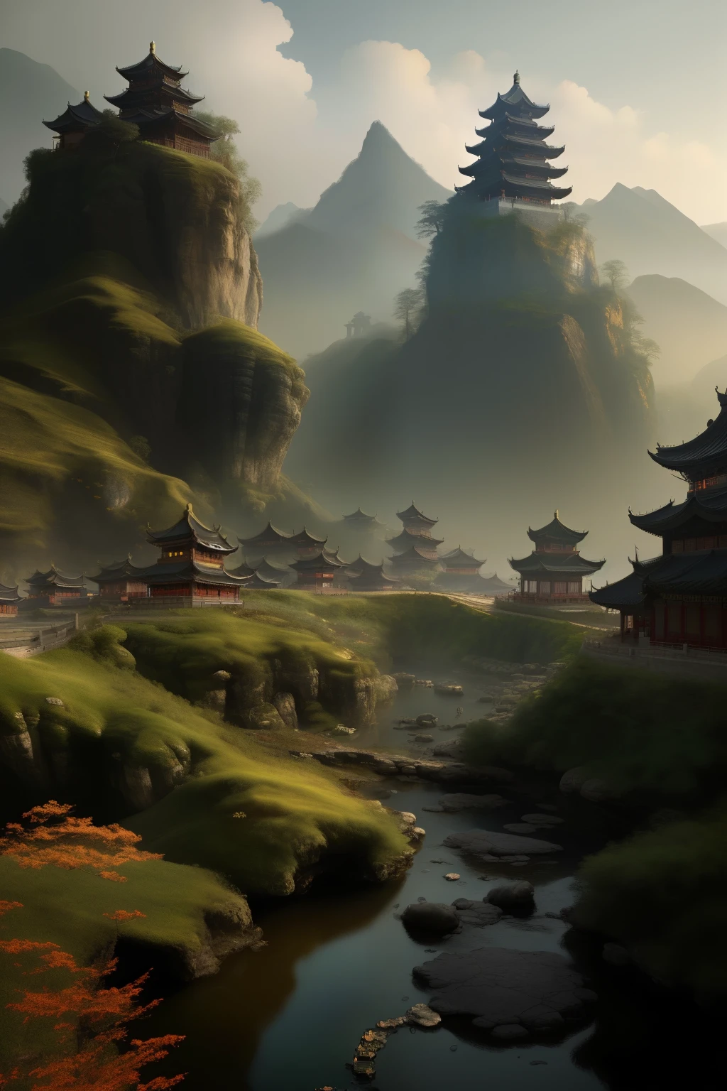 8K picture quality,Game of the original painting,Original Landscape,There is a knight in ancient costume,Standing at your feet,8 people:1,There is a dragon in the middle of the picture,Landscape oil painting style(3:2),Complex graphics,Chinese style elements,,,Dark side is rich in content,There are 20 Chinese buildings in the middle of the mountain。Craig Mullins,Ignacio Fernandez Rios is the best,