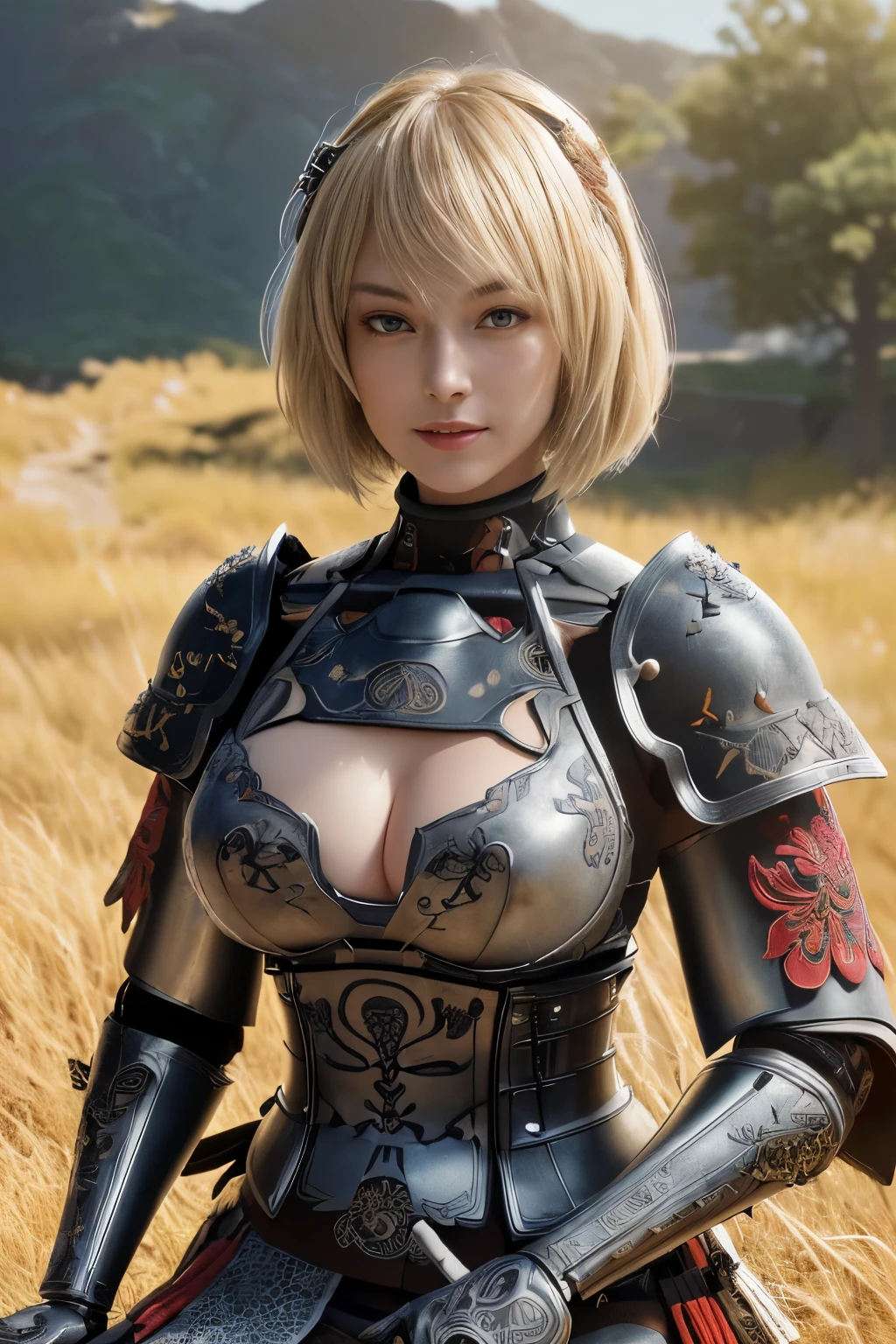 ((((masterpiece, Best Quality, High resolution)))), extremely detailed 8K, sexy Beautiful teen girl with slim body, (Ultra HD, Ultra-detailed, Highly detailed, Highly realistic, Ultra-realistic, photos realistic),  (Close-up photo from the chest up:1.2),(1girl:1.5), blonde hair, short bob cut like, (dynamic poses), facing at camera, light smile, (huge breasts: 1.2), (beautiful detailed face, Beautiful detailed eyes), (full body samurai metal armor, topless, The chest of the armor open and breasts visible,Thin material, phoenix embroideries:1.5), (swords on display on wall behid her:1.2), Glow, Sweat, (rays of sunshine, Sunlight), sexy long legs, nakeness,bared chest,Sexy, Blushing,look up to the sky, ultra realistic wide landscape, photogenic scenery,sitting on wood chest at huge mountain side battle field, windy day,hair blowing in the wind