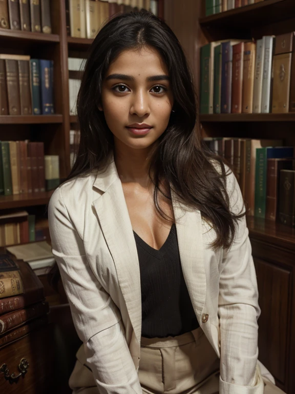 (best quality, ultra-detailed, realistic:1.37), professional, beautiful detailed eyes, beautiful detailed lips, detailed facial features, natural skin tones, perfect skin texture, delicate facial expressions, image in high resolution, realistic face, realistic skin, plain face, natural smile, highly detailed hair, 18yo, (Kiran, beautiful Indian young woman), excels in academic pursuits, dressed in smart and studious attire like a blazer and trousers, surrounded by books and engaged in intellectual activities. The high-resolution image captures ultra-detailed realism, highlighting Kiran's captivating eyes, expressive lips, and graceful facial features. The library or university setting creates a visually stunning representation of Indian dedication to education and the pursuit of knowledge.