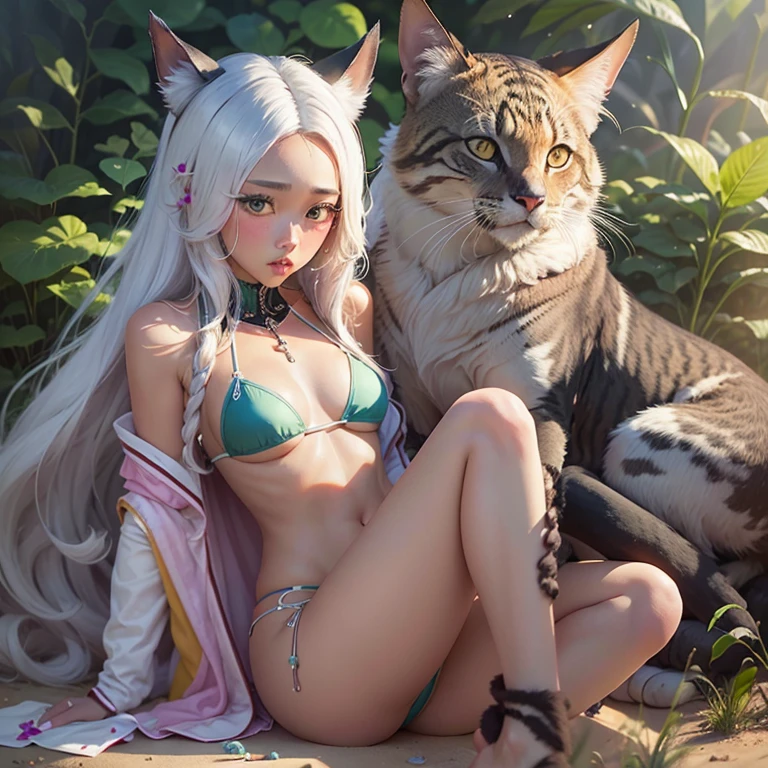 Cat Girl Beauty Big Open Legs Long Hair White Hair,  topless ,Bikini Ecstasy Pleasure Shame Tanga Prom Dress Tail