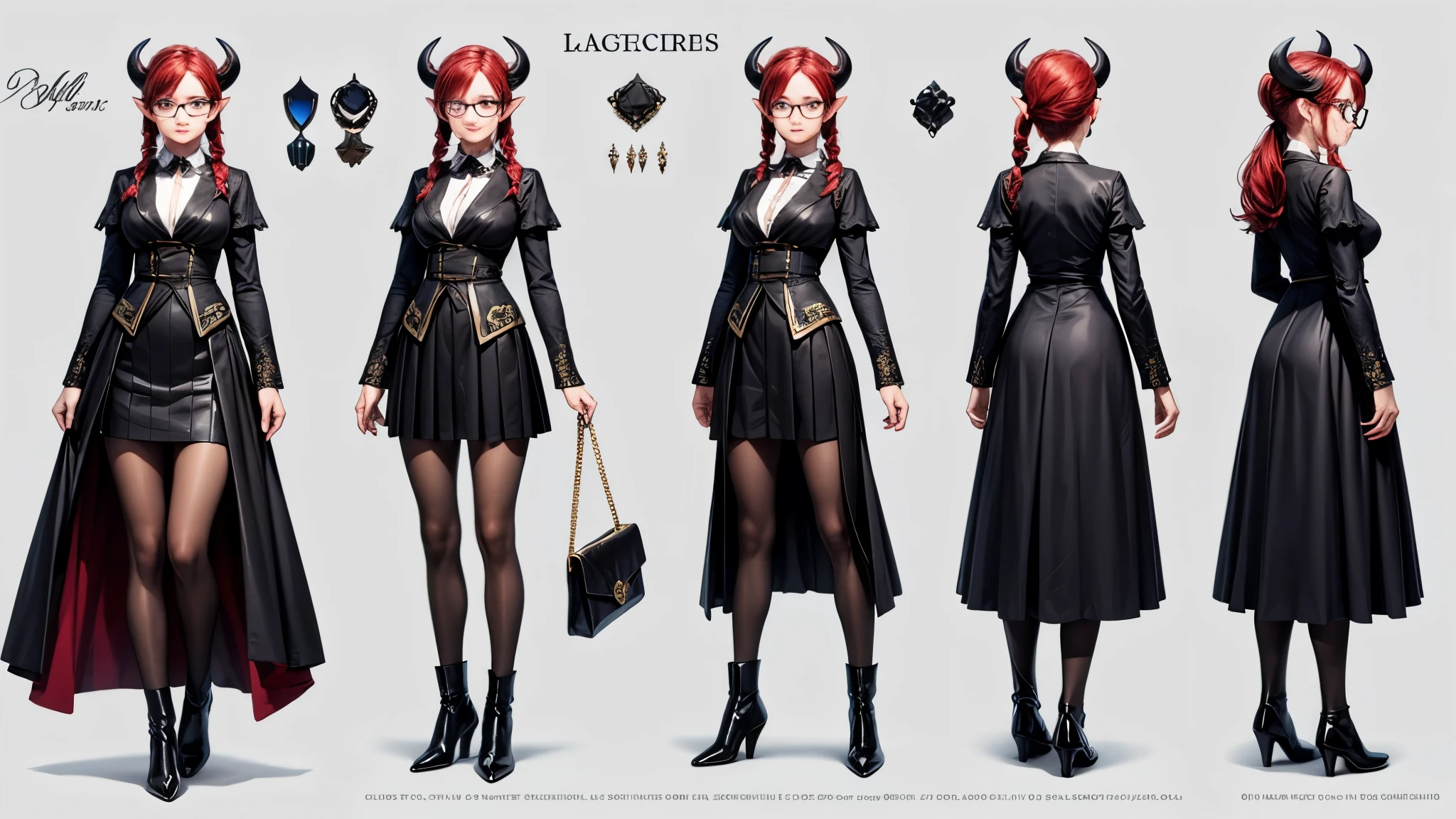 (Masterpiece, best quality), detailed, character sheet, many items (the same person, medieval royal clothes, magic academy uniform, blouse, skirt, glasses, reading glasses, white boots, many parts), athletic, busty, demon, demon girl, detailed beautiful purple eyes, detailed face, pointy ears, red hair and white skin, braided ponytail, demon horns, full of details.